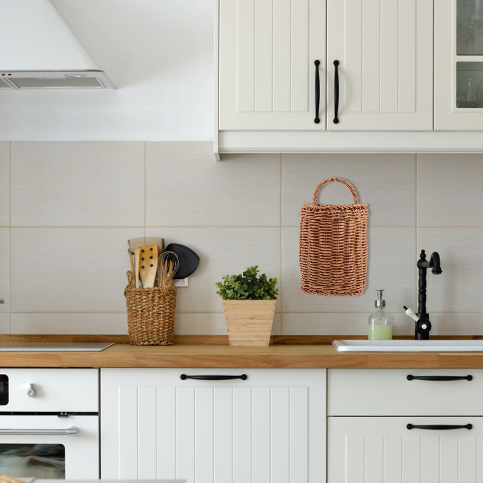 Cesto da appendere per porte, in vimini, rotondo, stile boho, da appendere alla parete, colore: marrone