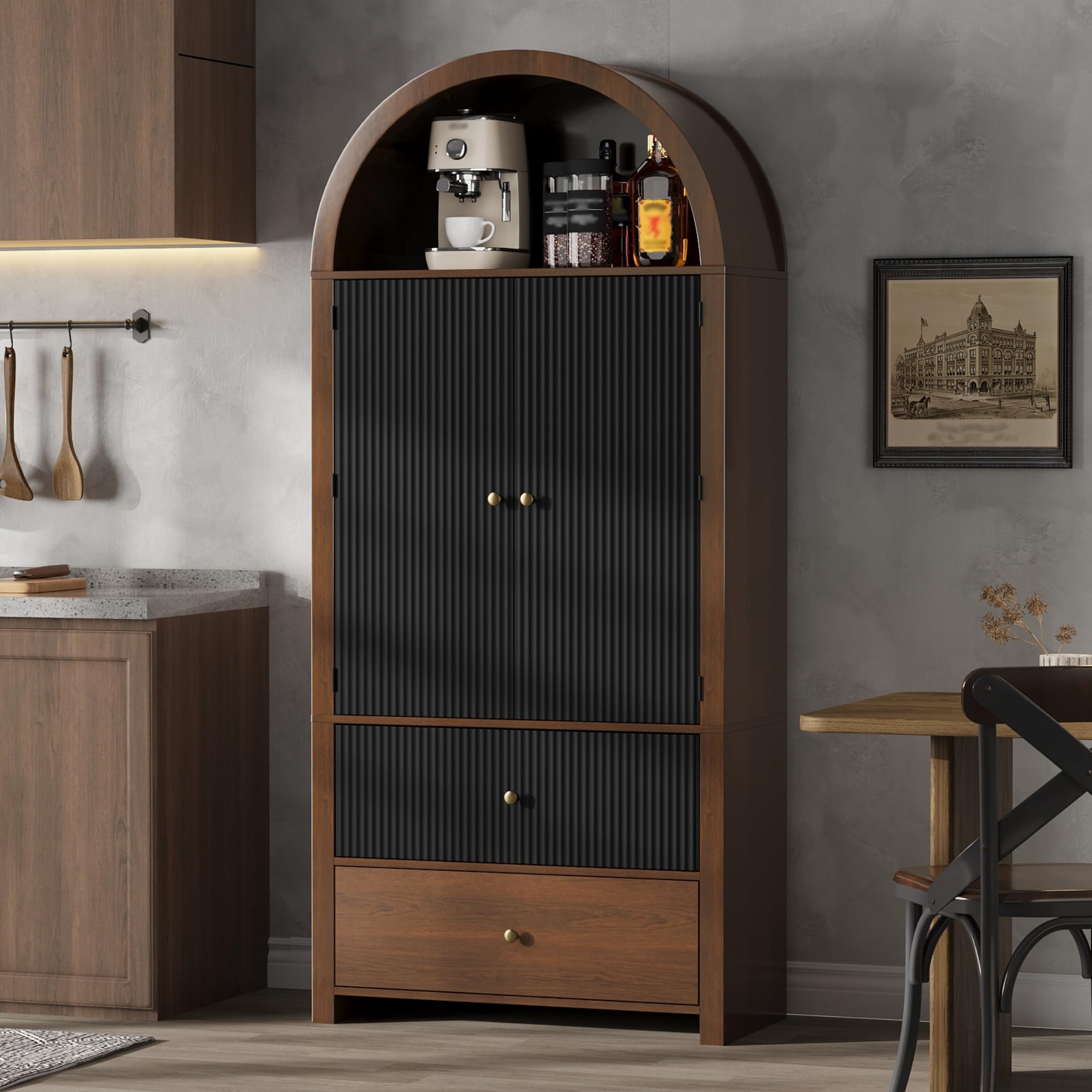 Armario arqueado 180 × 80 × 40 cm, vitrina, armario para vino, con estantes para puerta, compartimento superior abierto, 2 cajones, para cocina, comedor, salón, dormitorio, aspecto de nogal