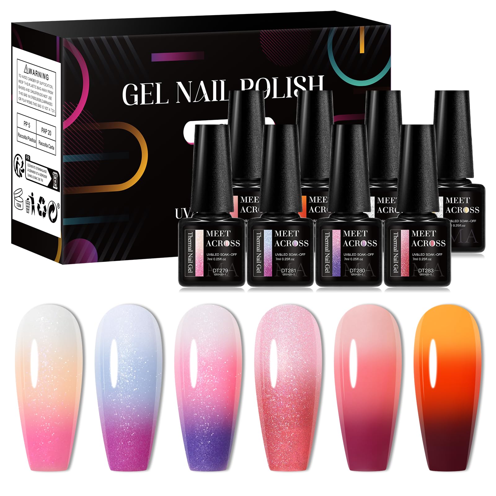 MEET ACROSS 8Pcs Glitter Color Changing Gel Nail Polish Set Pink Amber Color Changing Gel Polish Temperature Change Gel Polish Kit Manicure Gift 6