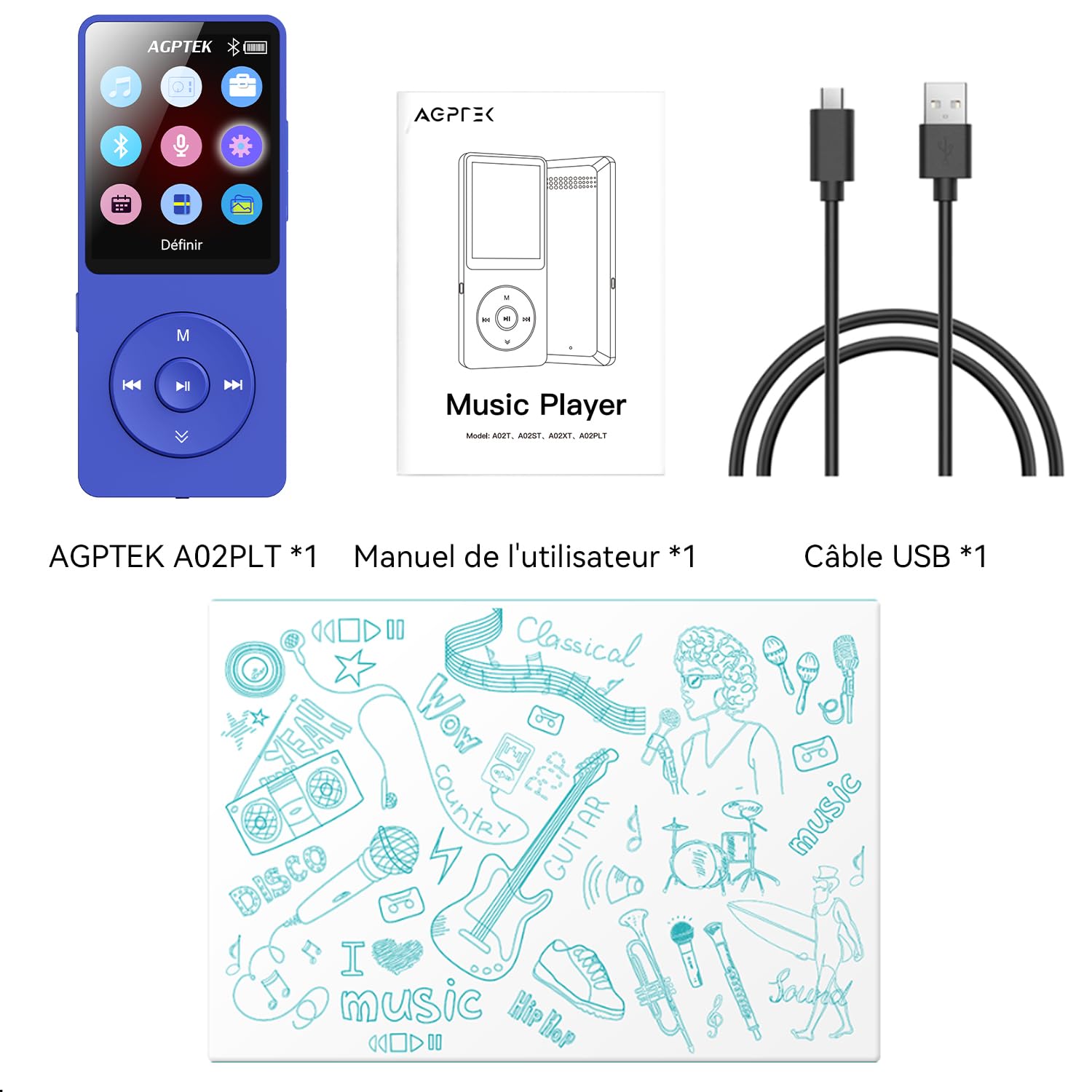 64Go Lecteur MP3 Bluetooth 5.3 AGPTEK Lecteur Musical avec Haut-Parleur et Bouton Volume Baladeur Portable sans Perte HiFi 70H Ultra-Longue Autonomie MP3 Sport avec Radio FM(sans Casque)-Bleu Foncé
