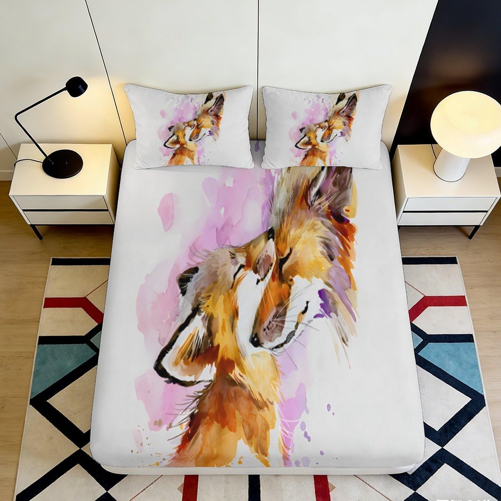 3D Printed fox couple fitted sheet, soft touch microfiber, wrinkle resistant, home decor, bed cover for bedroom guest room bedding, easy care, 120x200cm 90x200x25cm