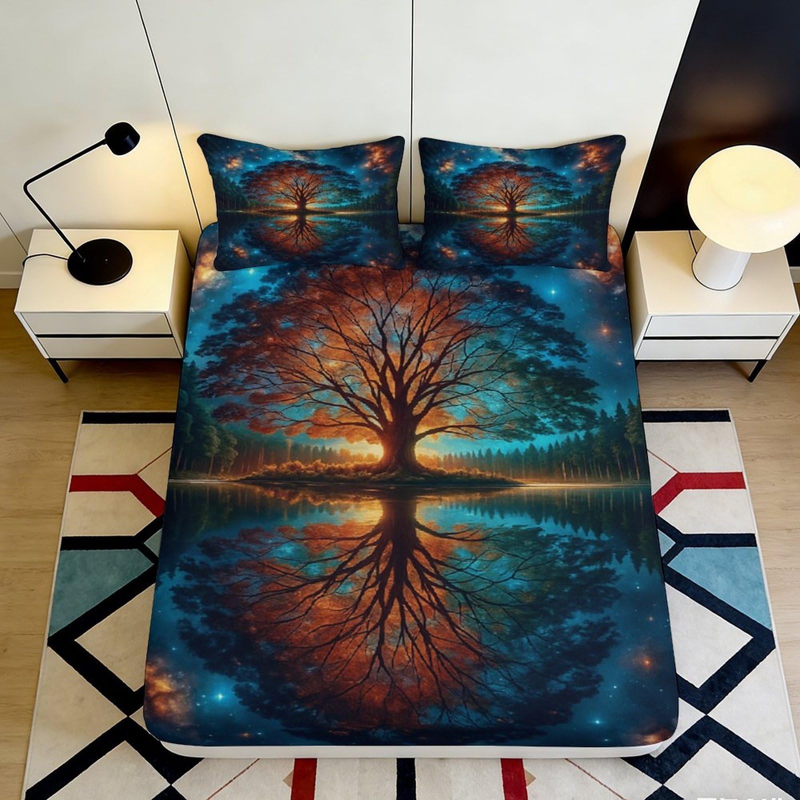 3D Printed Tree of Life Fitted Sheet Microfiber Soft Breathable Sunset Forest Mattress Cover for Bedroom Guest Room Decor 90x200x25cm