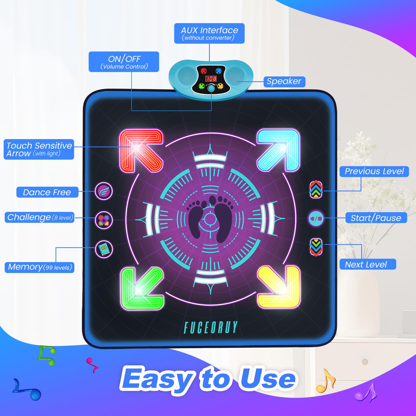 Tappeto Ballo Bambini con Luci, Tappeto Musicale con 3 Modalità e Volume Regolabile,Tappeto Giochi con Musica Integrata, Regalo di Natale Regalo di Compleanno per Ragazzi e Ragazze 4 5 6 7 8 9 10+