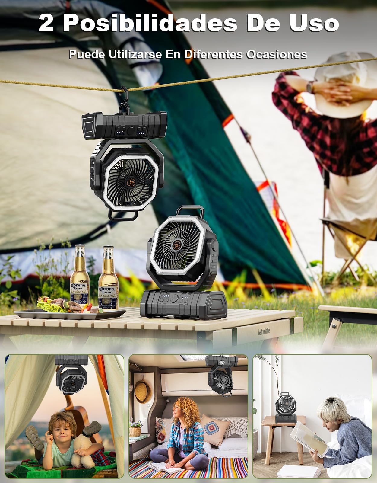 Richday Ventilador Camping 20000mAh, Ventilador Portatil Recargable, Ventilador USB de mesa con batería,Control Remoto, 270° de rotación,Luz LED, para Oficinas Dormitorio Tienda Camping Viaje