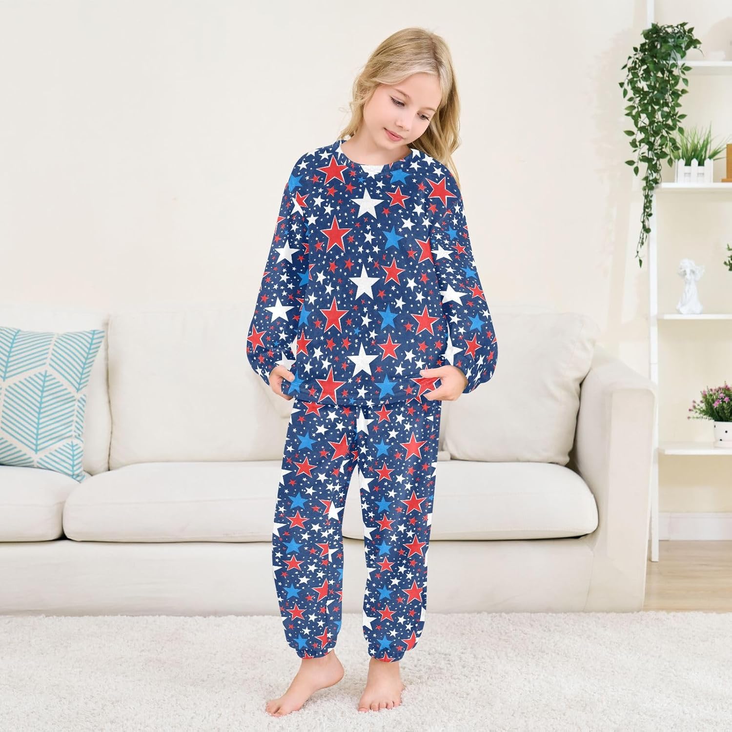 Kids Flannel Sets Red Blue White Stars Warm Plush Relaxed Clothing for Boys and Girls