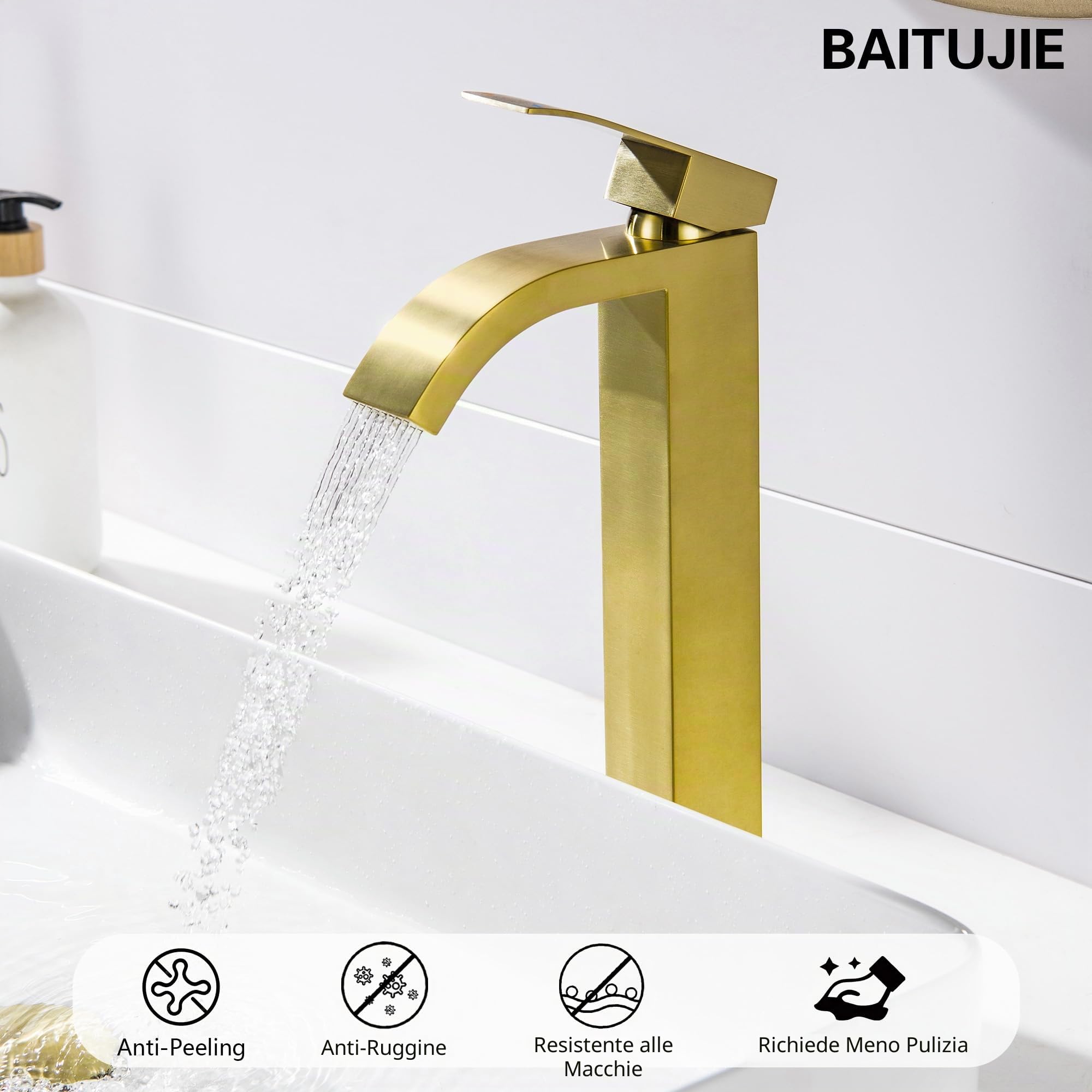 Rubinetto Bagno Alto, Oro Spazzolato Rubinetto Lavabo Alto Rubinetto Bagno Rubinetto Miscelatore Miscelatore monocomando Bagno Rubinetto Acqua Fredda e Calda Disponibile