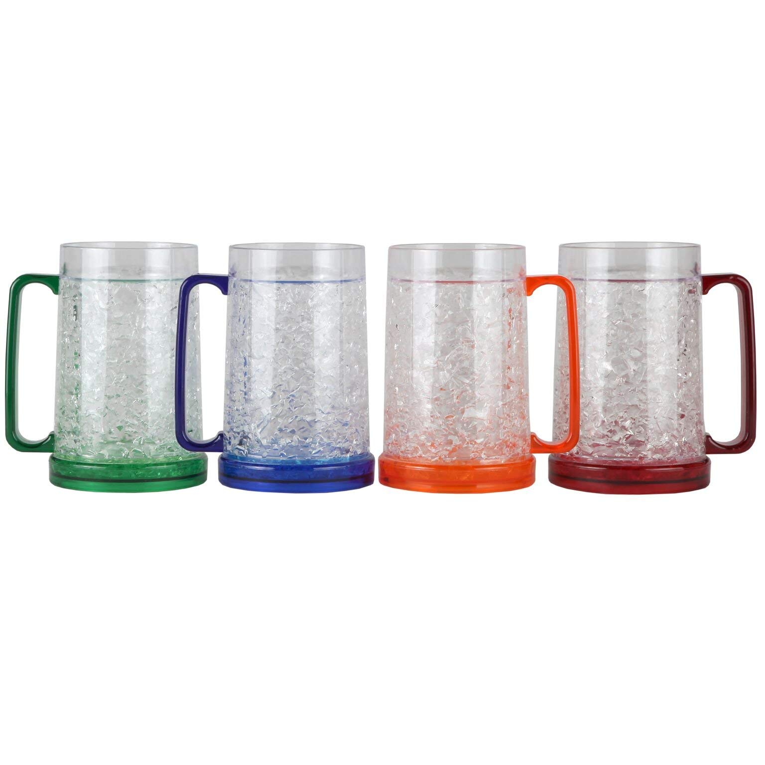 Lily's Home 16oz set of 4 Double Wall Gel-Filled Acrylic Freezer Stein Mugs, Great as Old Fashion Drinking Glasses at BBQs and Parties, Clear with Assorted Color Accents