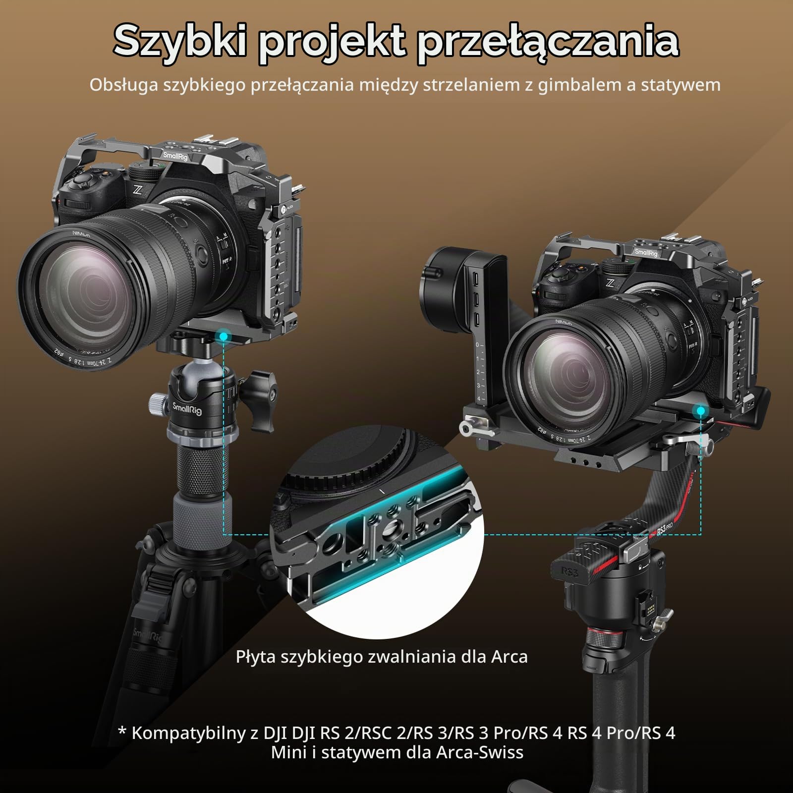 SMALLRIG Klatka do Nikon Z5 II, Z5, Z6, Z6II, Z7, Z7II, aluminiowa klatka do aparatu z mocowaniem na zimną stopkę, otworami gwintowanymi 1/4''-20 i 3/8''-16, do Arca-Swiss,- 5257