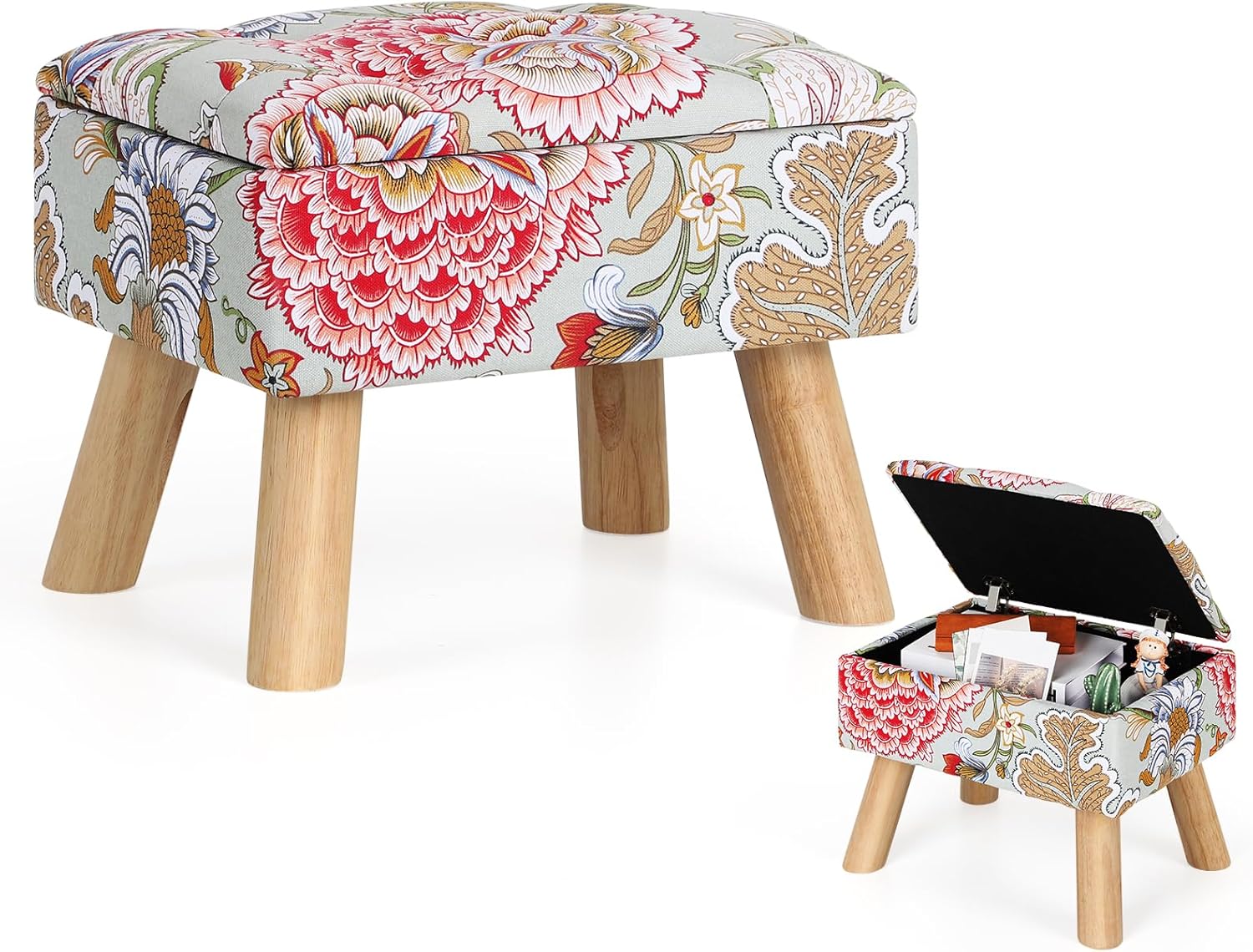 ETELI Small Foot Stool Ottoman with Storage Versatile Square Storage Ottoman Boho Foot Rest with Sturdy Wood Legs Floral Footstools and Ottomans for Living Room Bedroom and Enterway