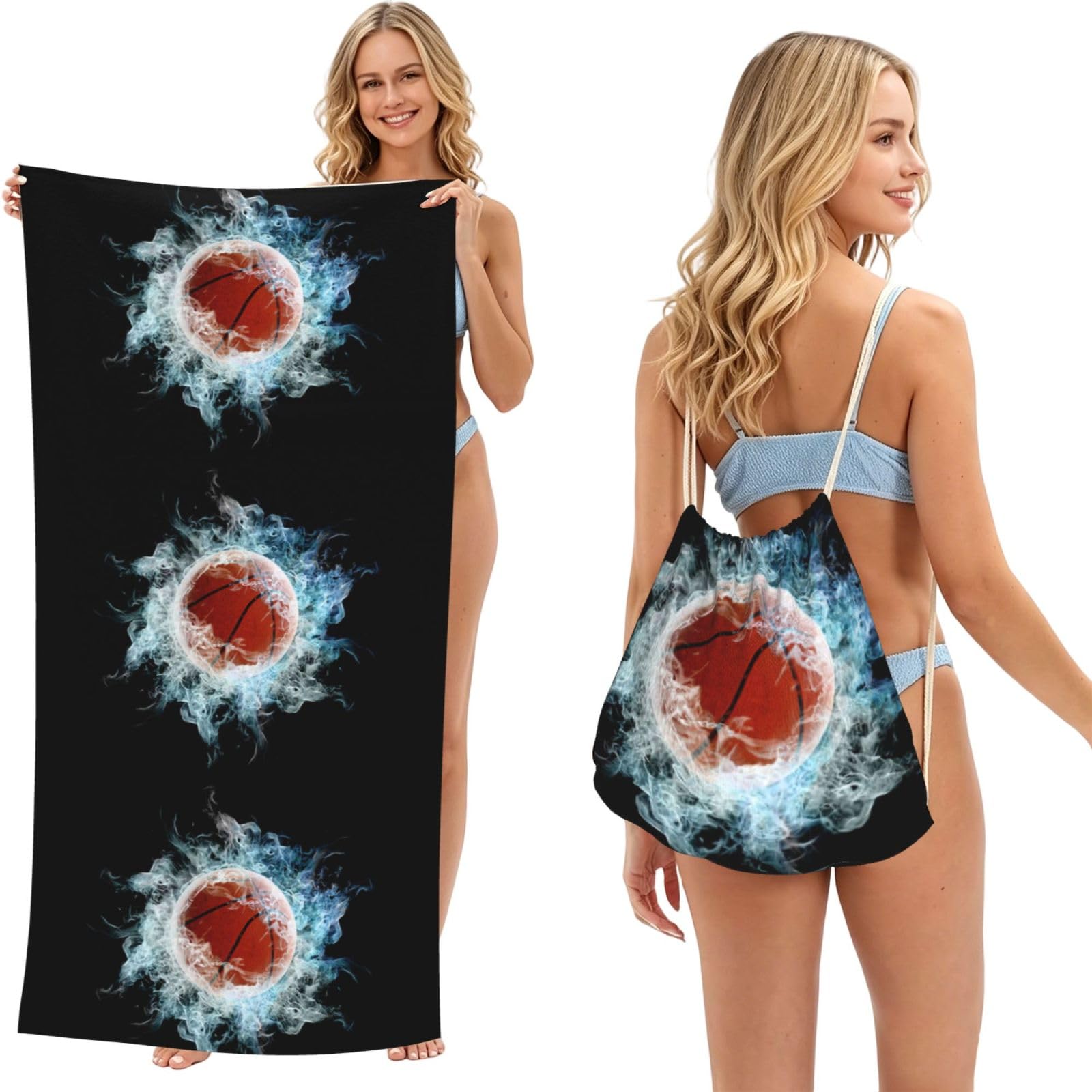 Poadnly As Picture Abstract Basketball, 2 In 1 Packable Towel Bag, Beach Towels With Drawstring Backpack For Travel Holiday Camping