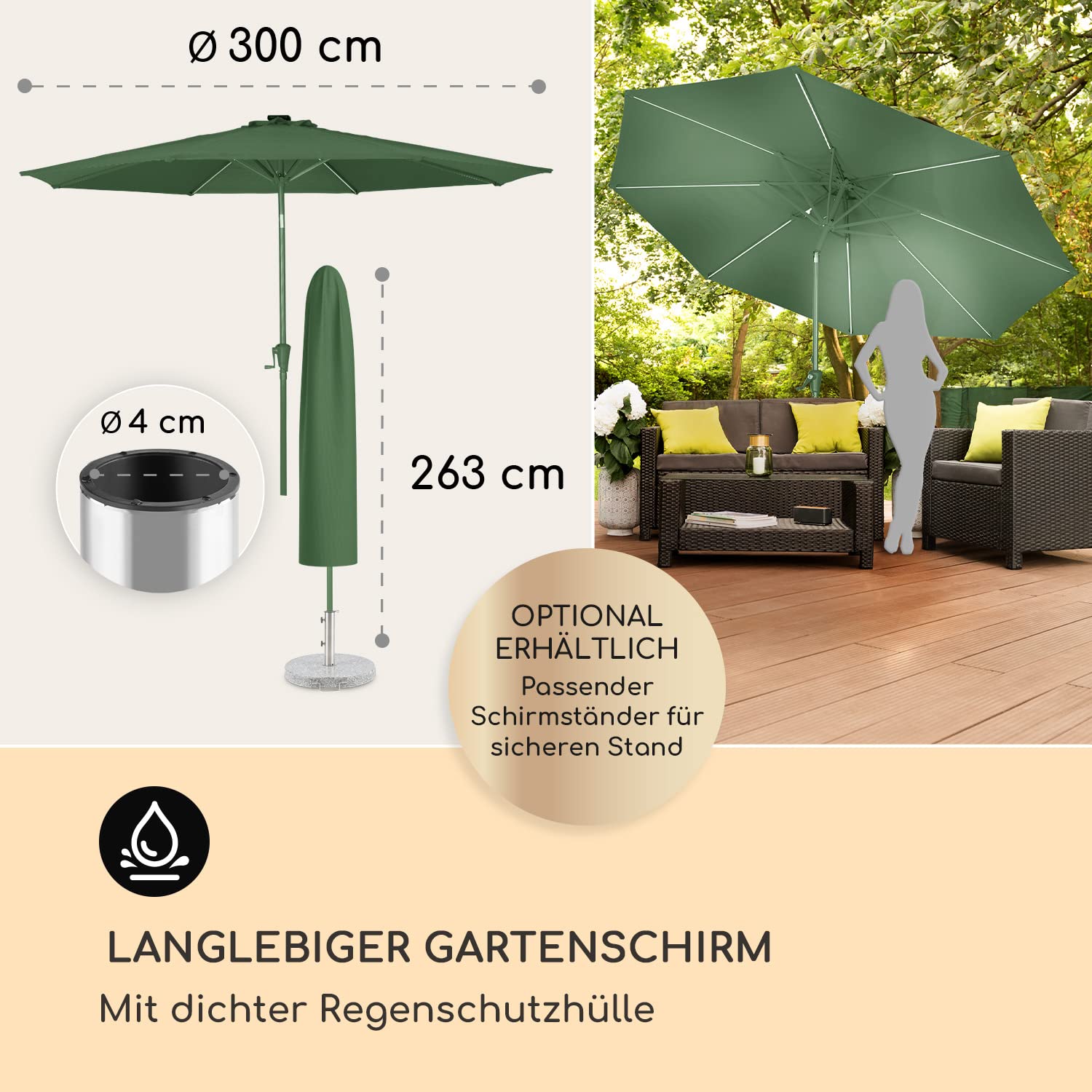 blumfeldt Calais Sonnenschirm, 300 cm x 265 cm höhenverstellbarer und faltbarer Gartenschirm mit Solar-LED-Beleuchtung und UV-Schutz Wasserdichter Sonnenschutz für Balkon, Terrasse und Gartenschirm