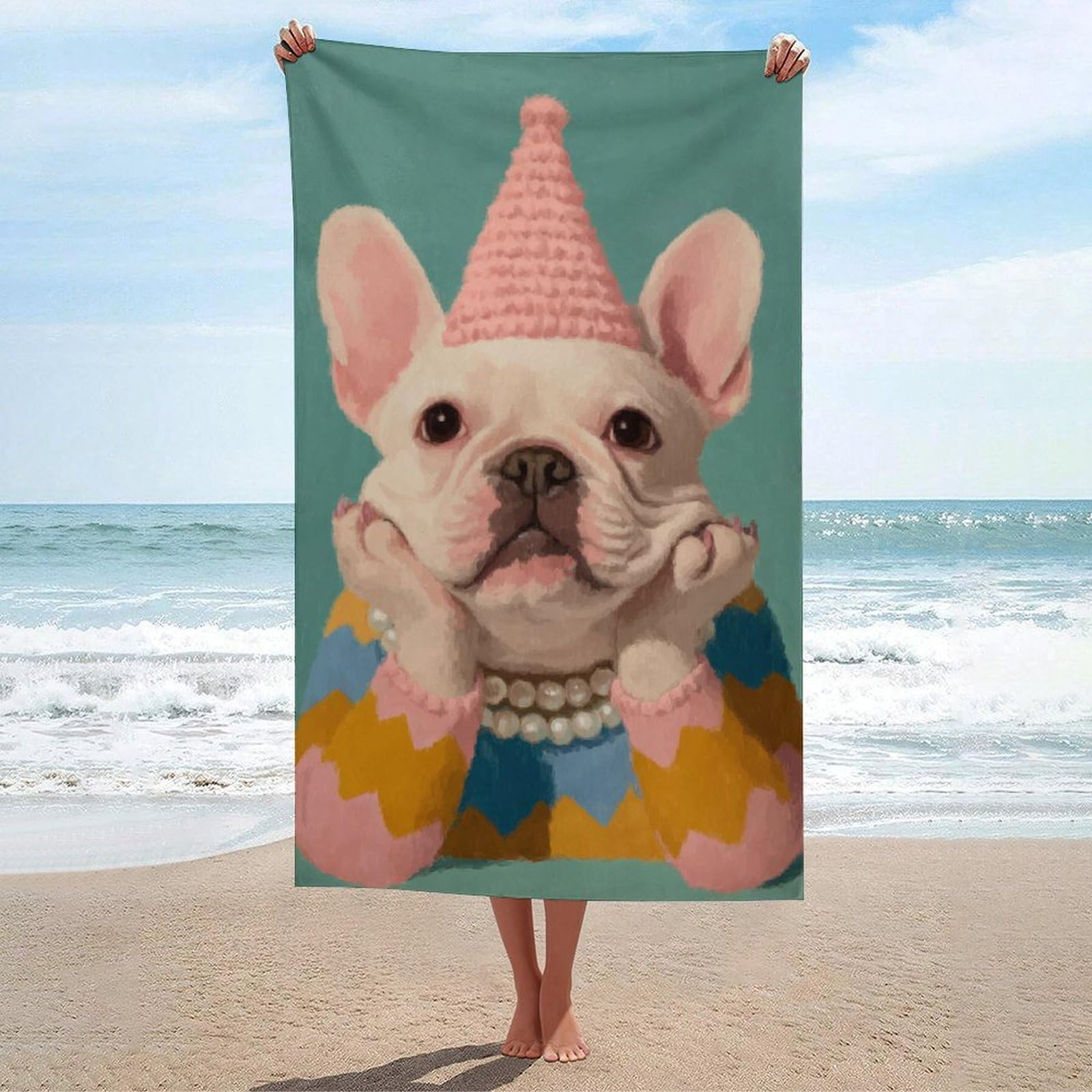 asbwuo French Bulldog Pink Knitted Birthday Hat Beach Towel