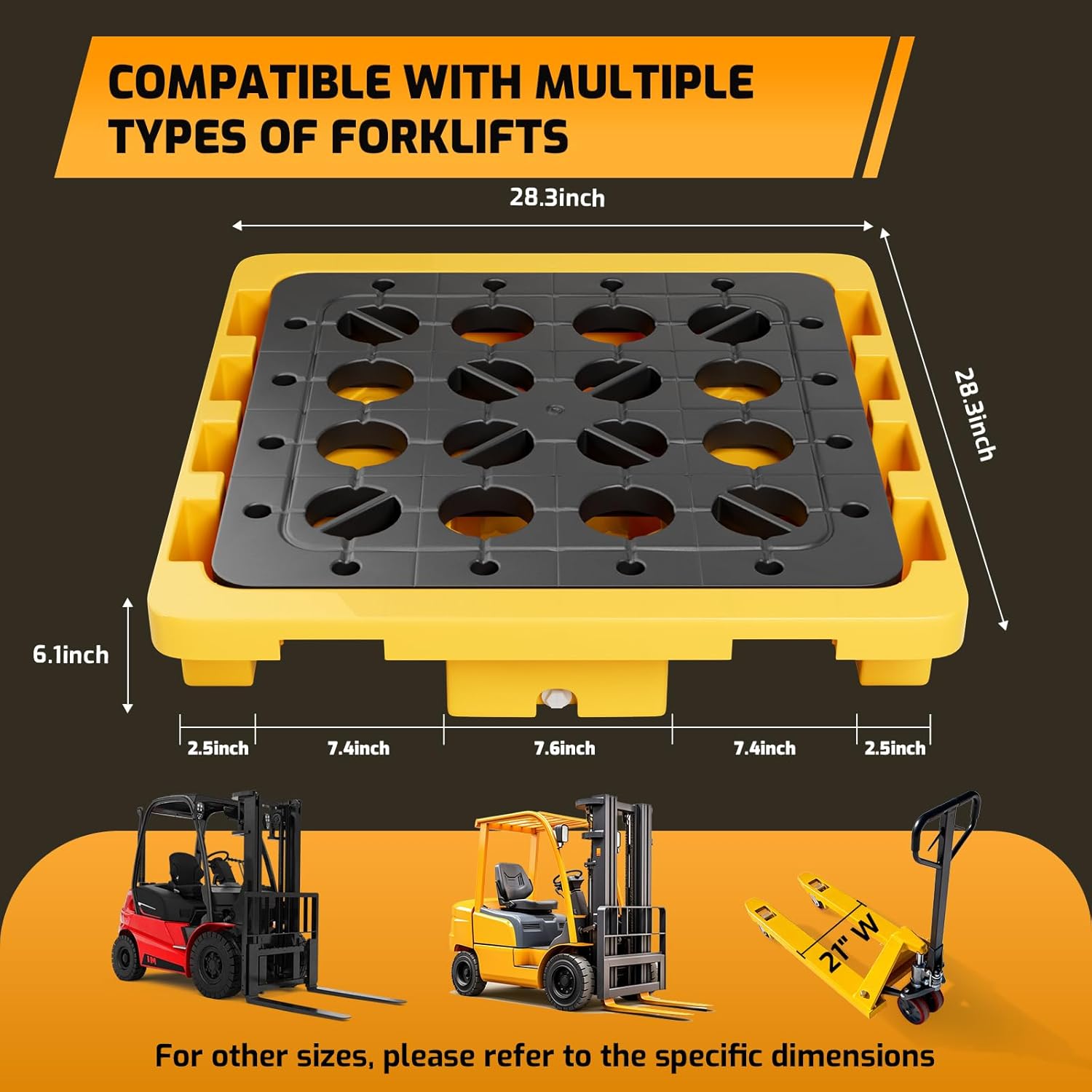 JINJUNYE Spill Containment Platform with Drain, Suitable Forklifts, 1 Drum Modular Platform Tray, 15 Gallon Liquid Capacity, 2000 Lbs Weight Capacity, 28.3 X 28.3 X 6.1", Industrial Uses