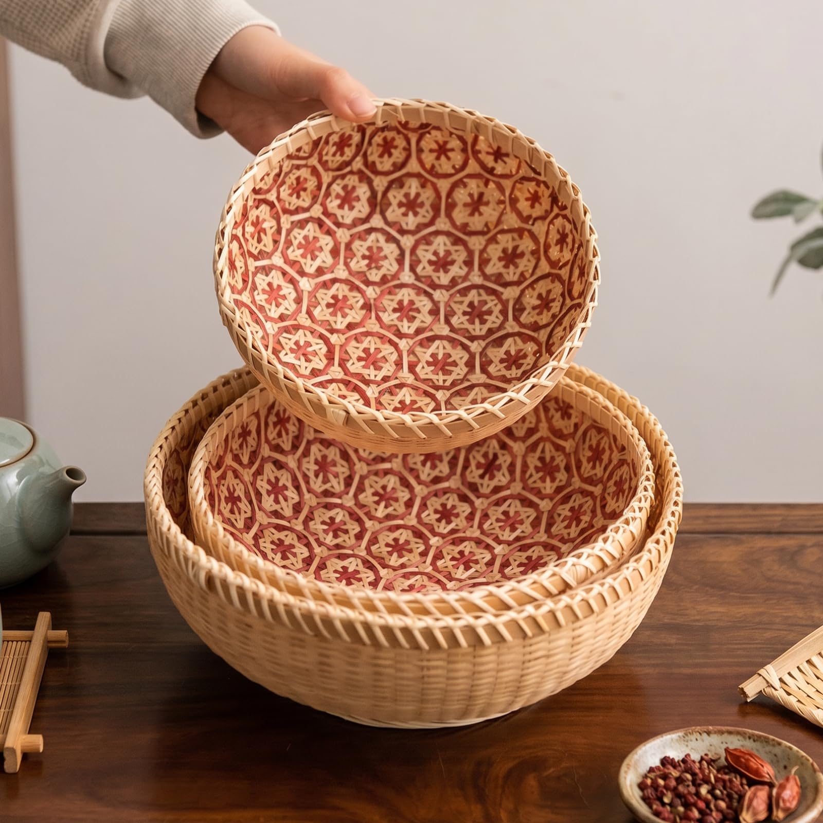 Elsjoy Set di 3 cestini in vimini intrecciati, in bambù, per il pane rotondo, in rattan, decorazione per frutta, verdura, patate, impilabili 24,4 cm/20,3 cm/17,8 cm