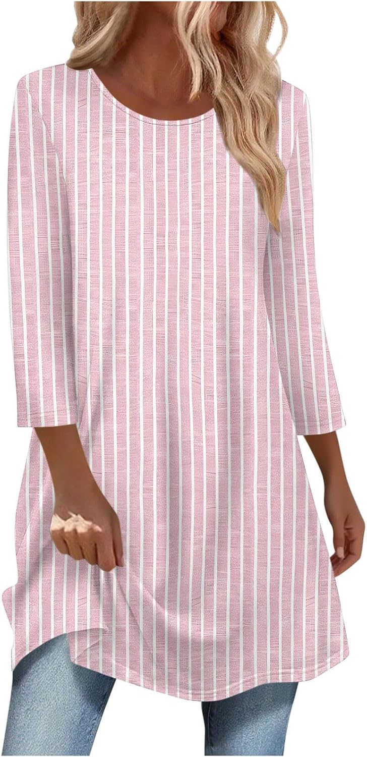 Women Tops 3/4 Sleeve Dressy Casual Plus Size Tunics to Wear with Leggings Swing Flare Stripe T-Shirt Loose Blouses
