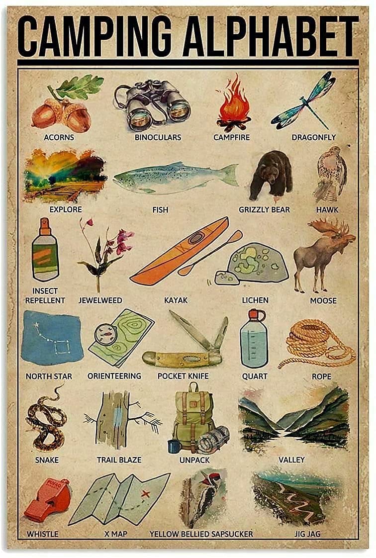 rayprint Camping Alphabet Metal Tin Sign Wall Art Gift Suitable For Home Club Bar Cafe and Classroom Wall Decoration Plaque and Outdoor 8x12 Inches