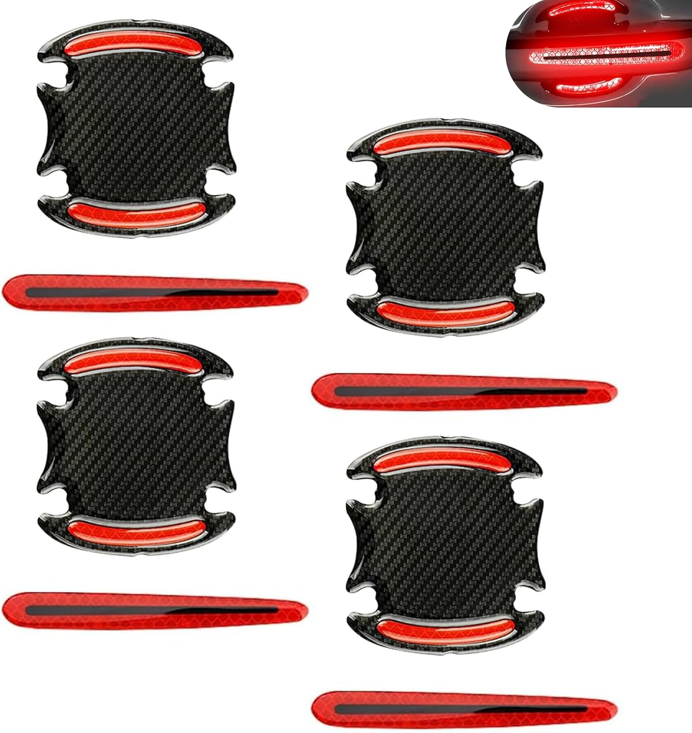8 PCS Car Door Handle Protector Reflective Stickers, 3D Carbon Fiber Door Handle Scratch Protector, Reflective Warning Protective Sticker, Universal for Most Cars, SUV and Vans