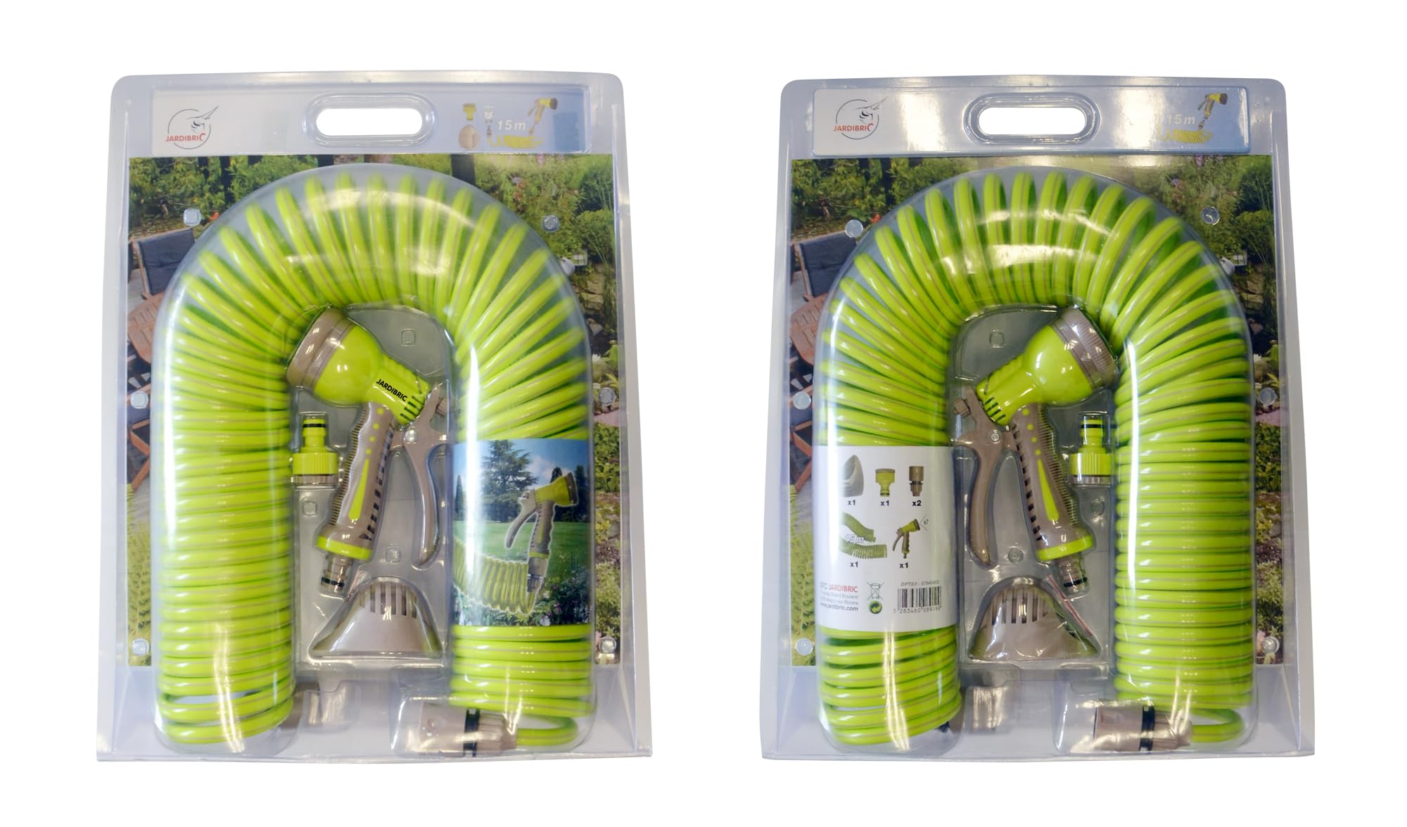 Jardibric - Tuyau Arrosage Serpentin 15 m - Kit Complet avec Pistolet, Support et Raccord Rapide