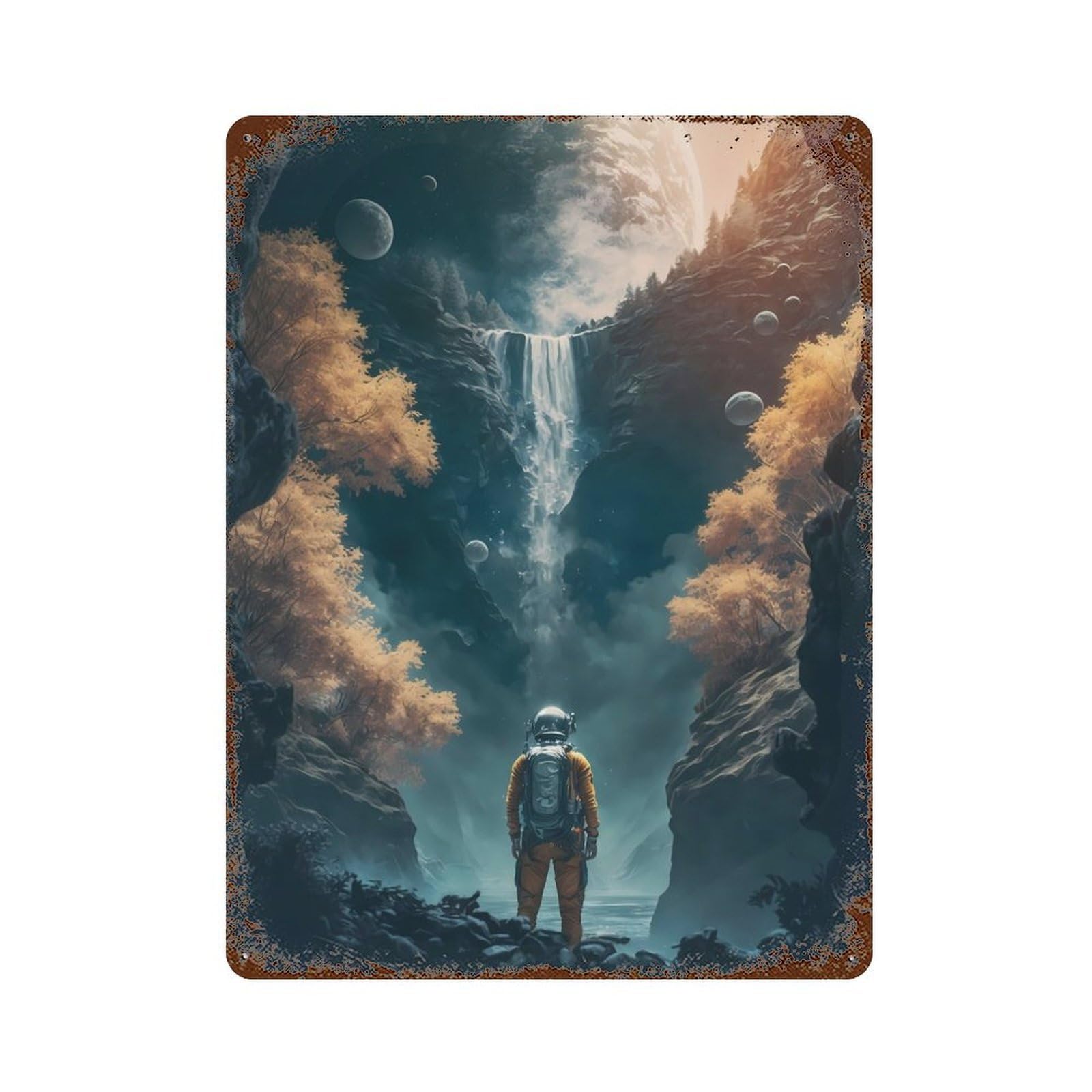 Waterfall Astronaut Space Rust Effect Tin Sign 15.7"x11.8", Ideal for Farmhouse, Kitchen And Entryway Decor