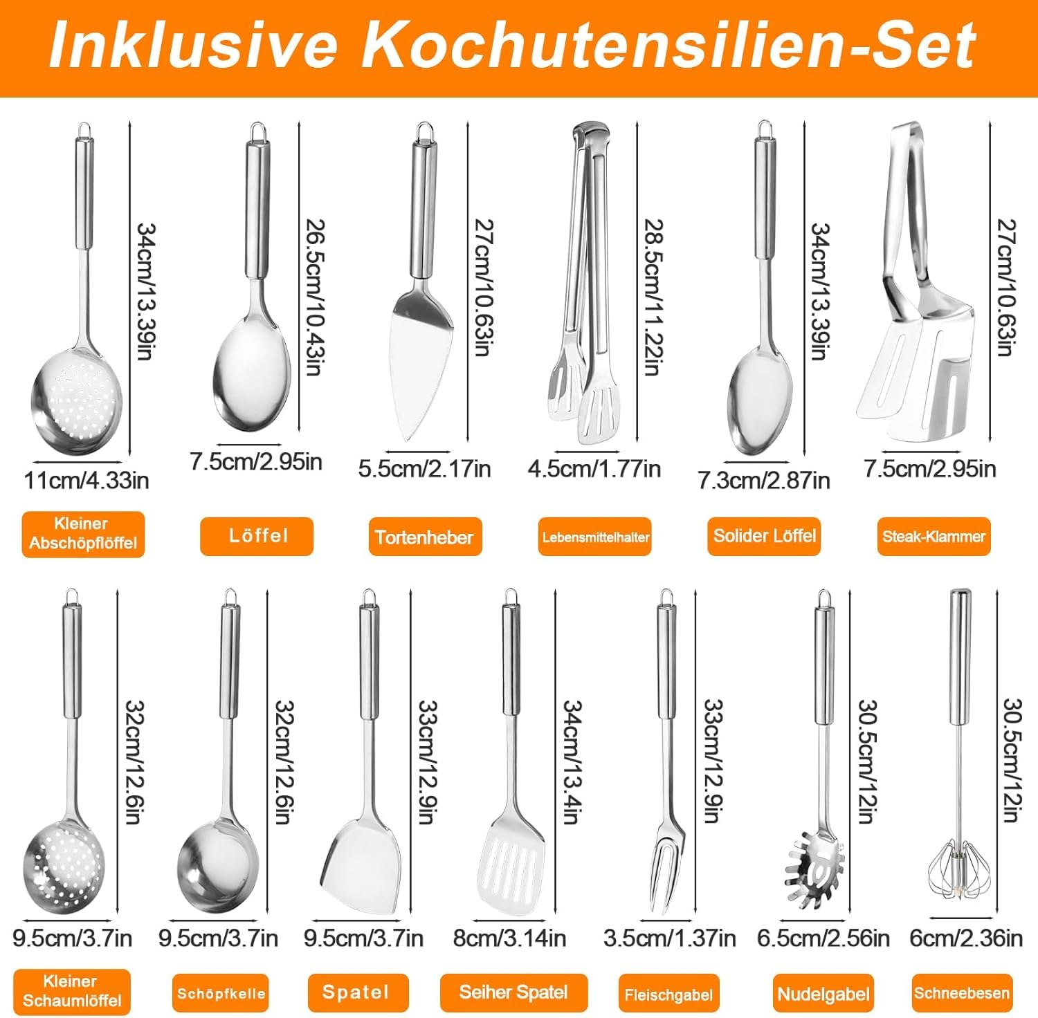 Kottwca Ensemble d'ustensiles de cuisine en acier inoxydable, 13 pièces, résistant à la chaleur, plastique, sans adhérents, résistant à la chaleur, passe au lave-vaisselle, idéal pour tous les besoins