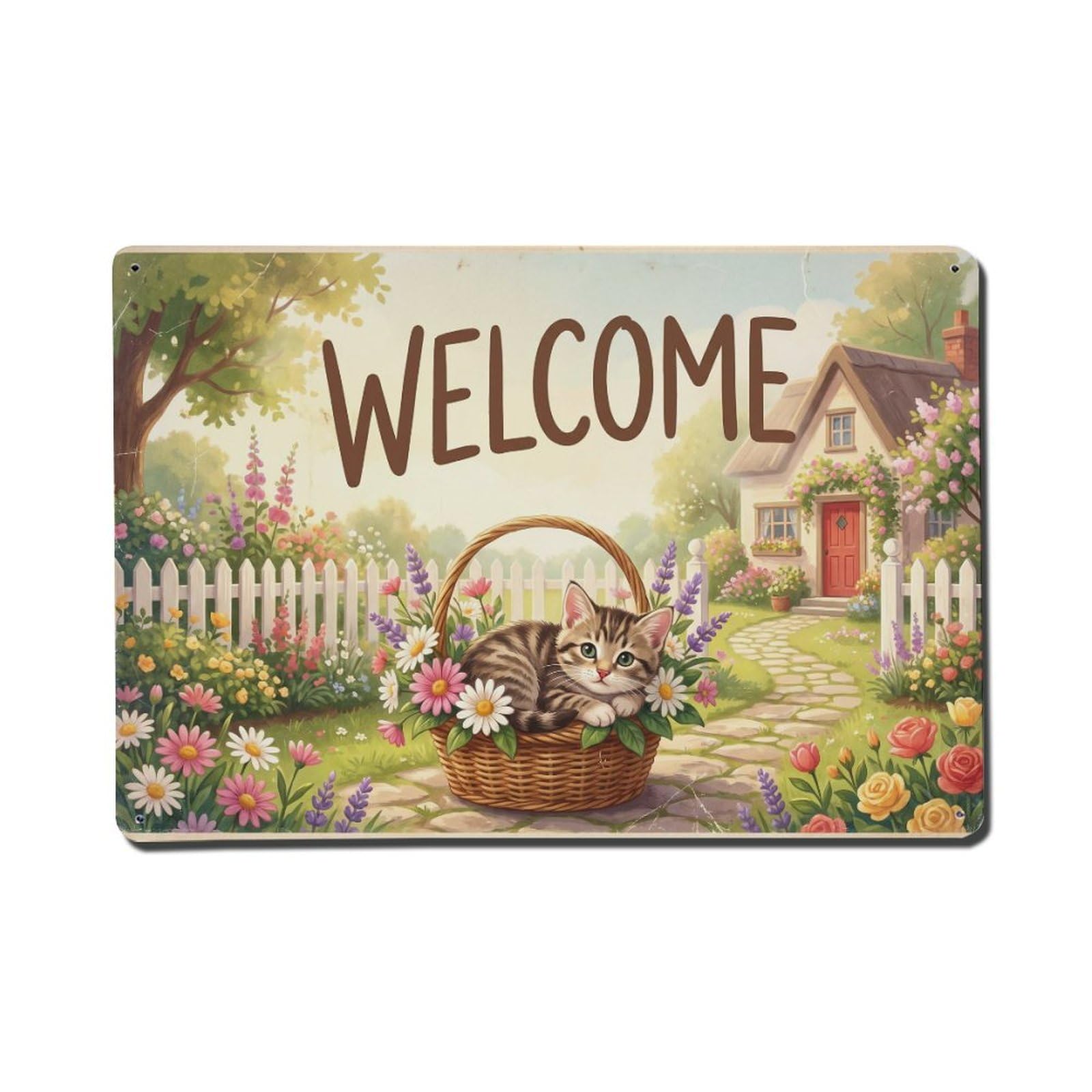 Vintage Welcome Kitten Fresh Blooms Metal Tin Sign
