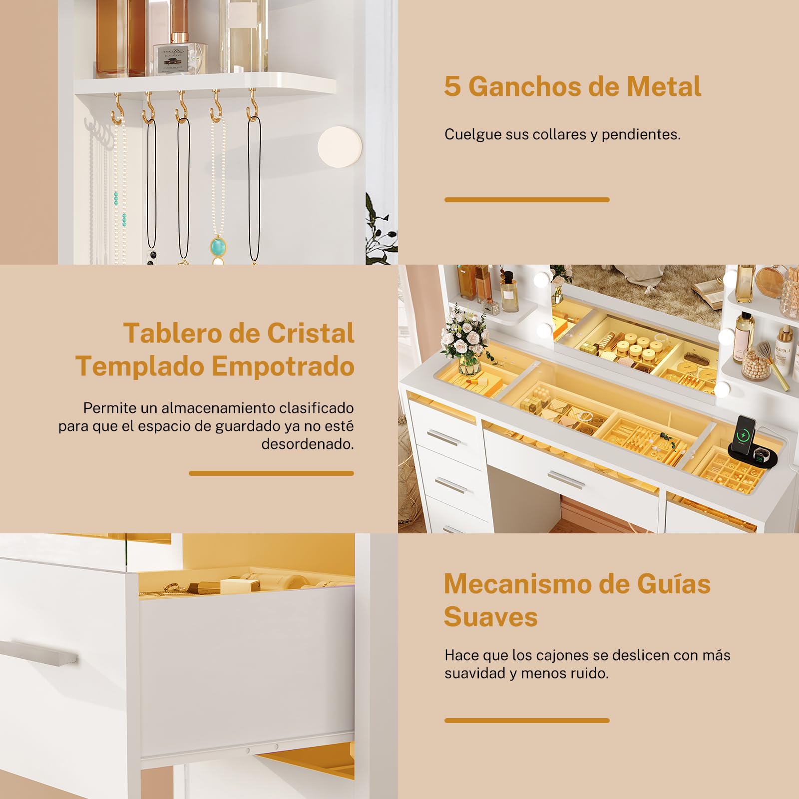 TEENFON Tocador de Maquillaje con Luces LED Regulables y enchufes, Mesa de Maquillaje con Espejo, 4 estantes Abiertos y 5 Ganchos para Joyas, Blanco, Tocador con 7 Cajones+RGB Tapa de Cristal