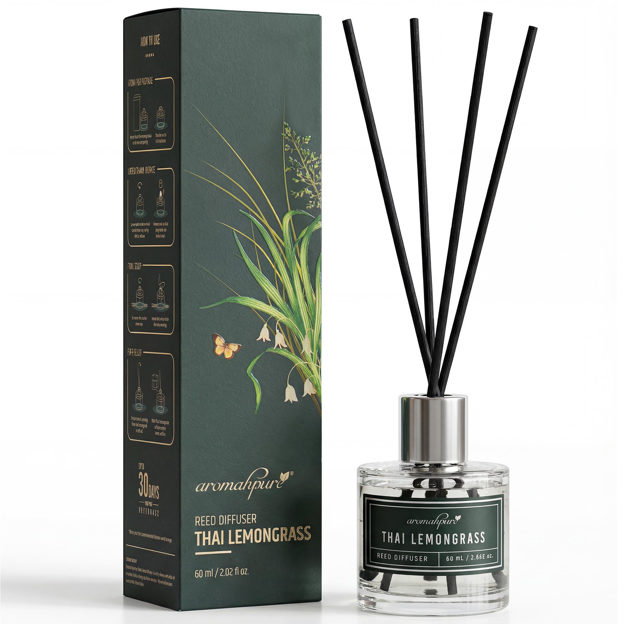 Aromahpure Premium Reed Diffuser 60 ML with 4 Fiber Reed Stick | Lemongrass Long Lasting Upto 35 Days | Room Freshener for Bedroom, Washroom, Office | Toxin Free, Aromatherapy, Stress Relief