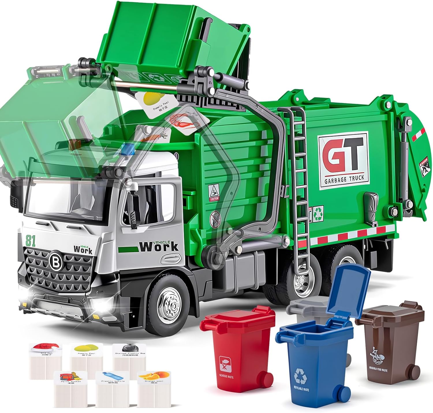 Garbage Truck Toys Metal Cab, Realistic Trash Truck Toys for Boys Kids with Lights and Sounds, Friction Powered Recycling Vehicles, Front Loader with Dumpster, 4 Trash Bins, 12"