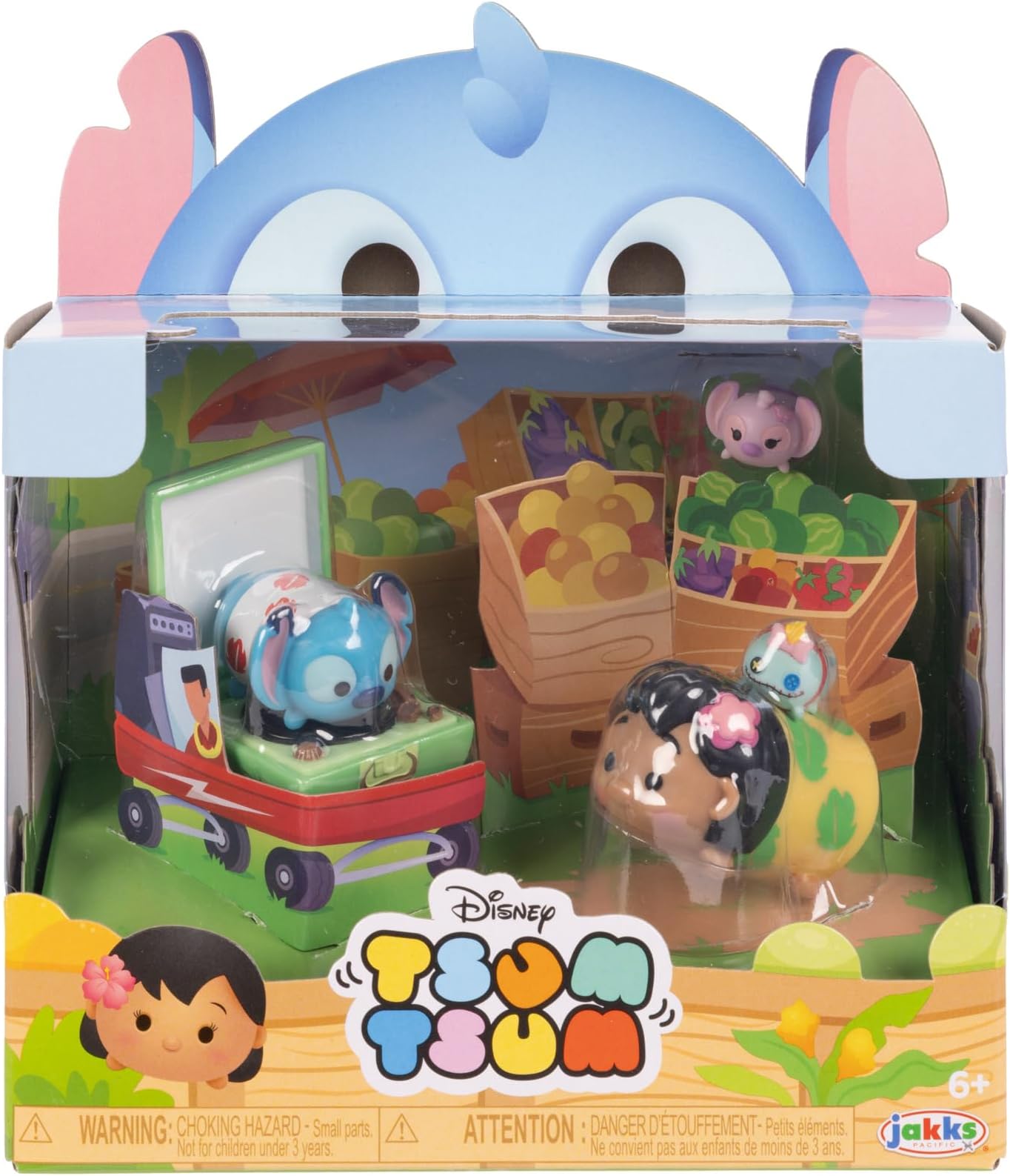 Disney Tsum Tsum Lilo & Stitch Story Moment Set, Figures Stand 7 cm tall & Stackable, Includes a Medium Stitch & Lilo Figures with Small Angel & Crump Figures, for Kids Ages 6+
