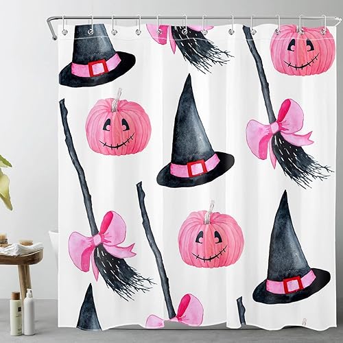 LB Cortina de ducha de calabaza rosa de Halloween, sombrero de bruja mágica negra y escoba sobre cortina de ducha blanca para baño, tela de