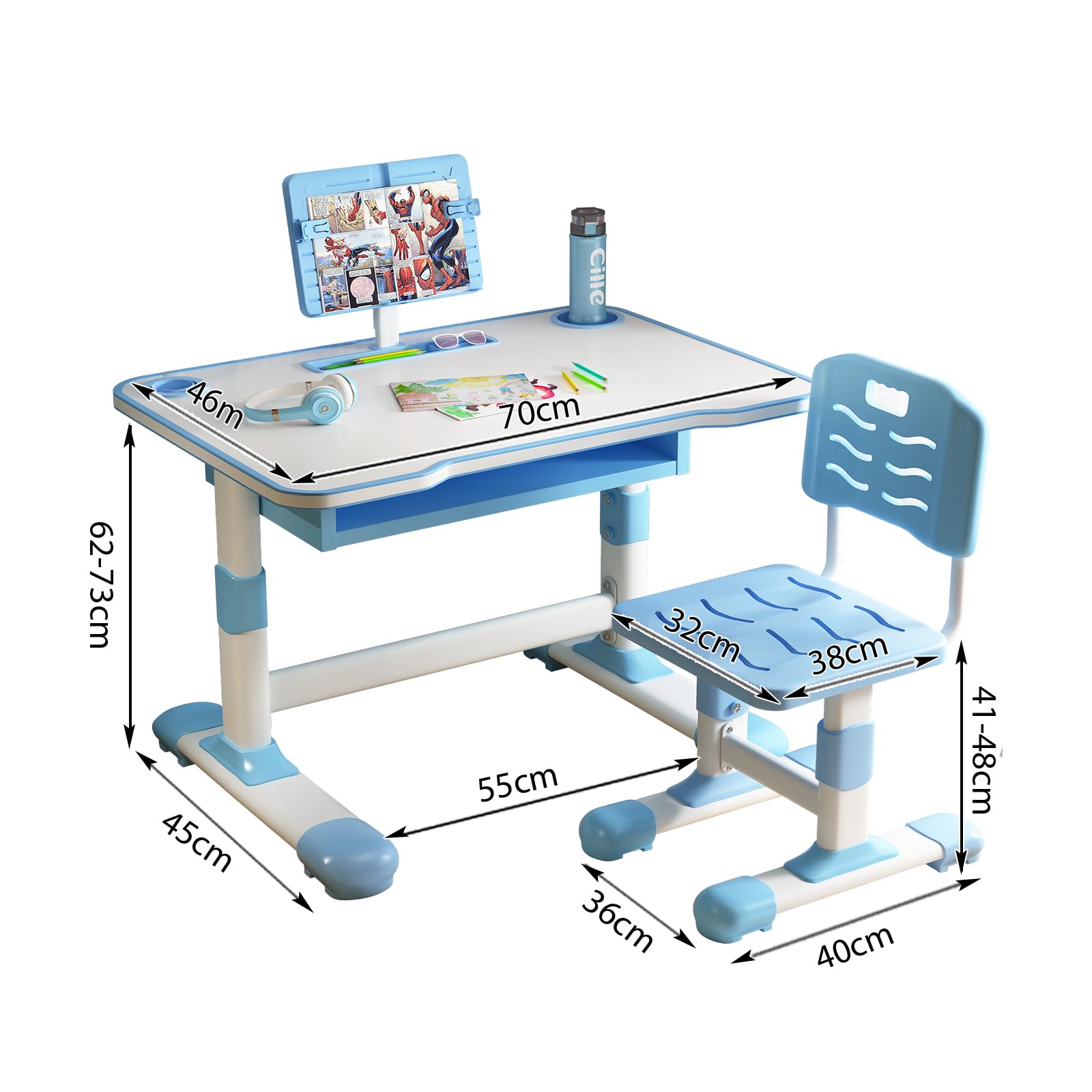 Vinteky Kinderschreibtisch, Schreibtisch Höhenverstellbarer schreibtischstuhl Jugendschreibtisch mit Stuhl für Kinder, Schreibtische für Kinder mit Schubladem (Blau)