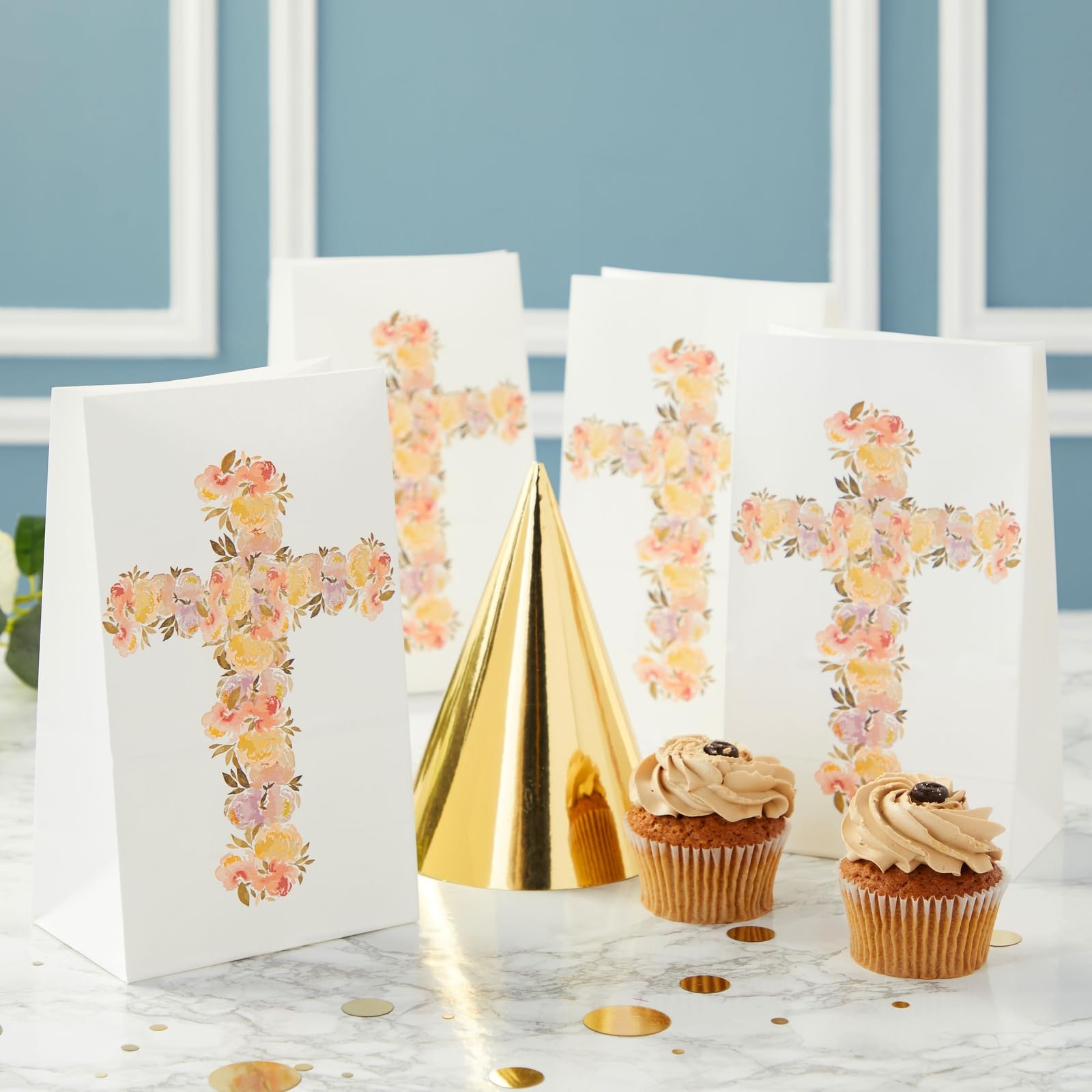 BLUE PANDA 36-Pack Religious Party Favors Gift Bags for Baptism, First Communion, Easter and Children’s Birthday, Party Supplies Goodie Bag with Chic Floral Cross Design, 5.2x8.7x3.3 inches