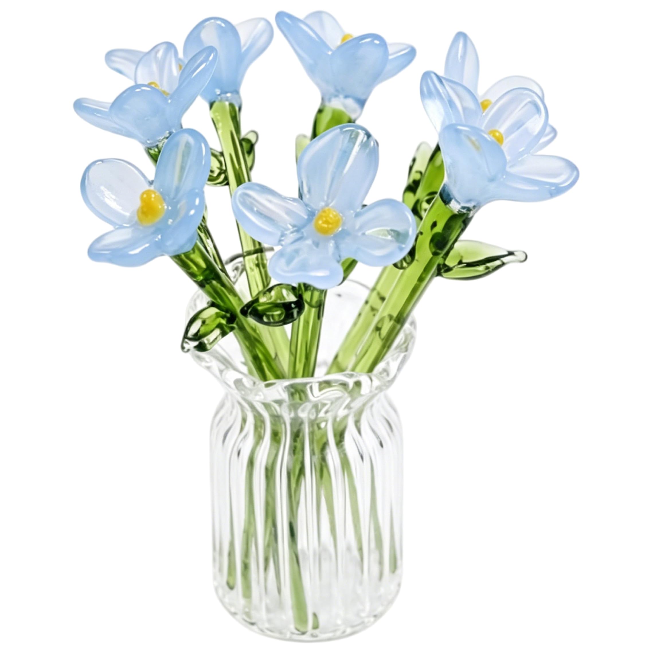 Xoeryoy Mini Glass Flowers In Vase, Handmade Artisanal Floral Bouquet, Elegant Tabletop Decor, Blue