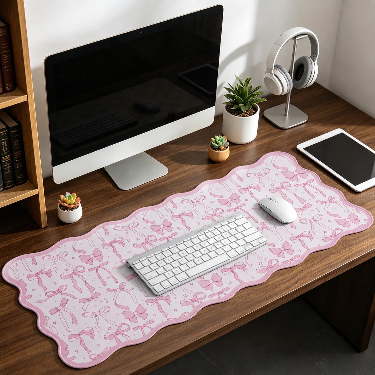 Wild Floral Flower Cute Pattern Scalloped Desk Mat Large Mouse Pad Non-Slip Keyboard Mat Kawaii Vintage Aesthetic Office Desk Decor 35.4 x 15.7 in image 5