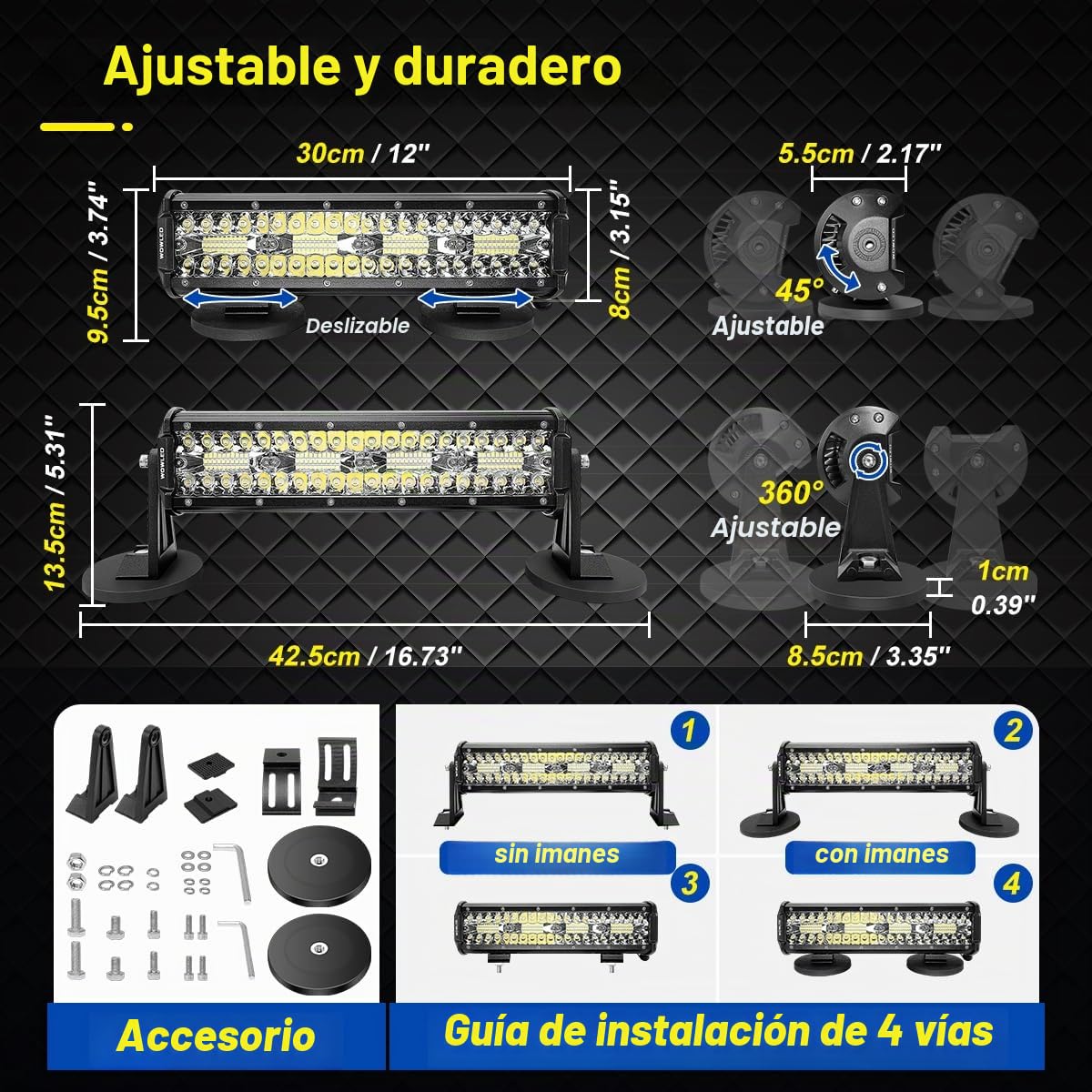 Barra de luz LED magnética (30 cm, súper luminosa, para encendedor de cigarrillos, 6000 K, imanes potentes, montaje de 4 vías, 12/24 V, tractor, remolque, ATV