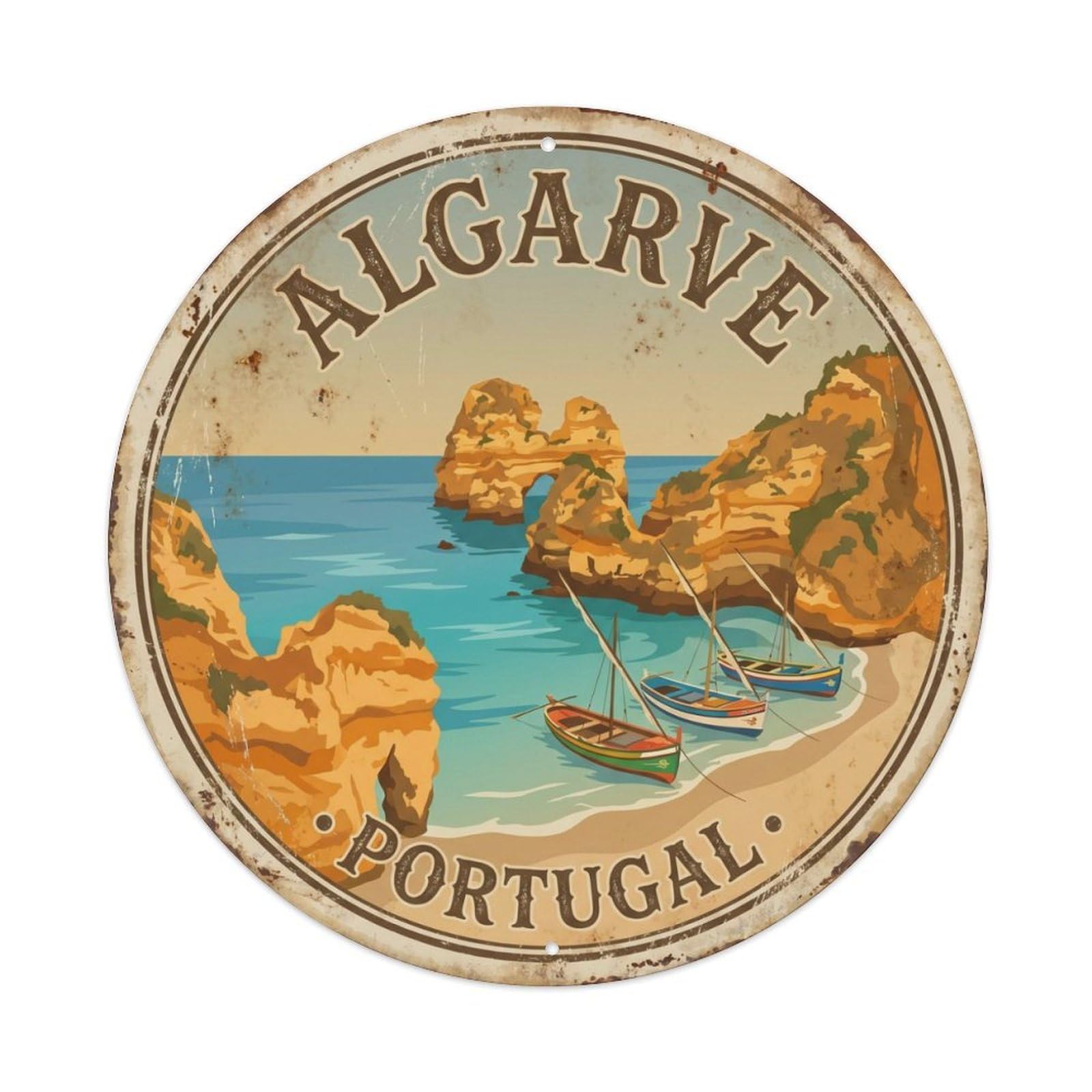 Vintage Travel Algarve Golden Cliffs Metal Tin Sign Plaque Wall Decor for Cafe, Club Bar, Office, Home Garden Round Metal Poster 8x8Inch