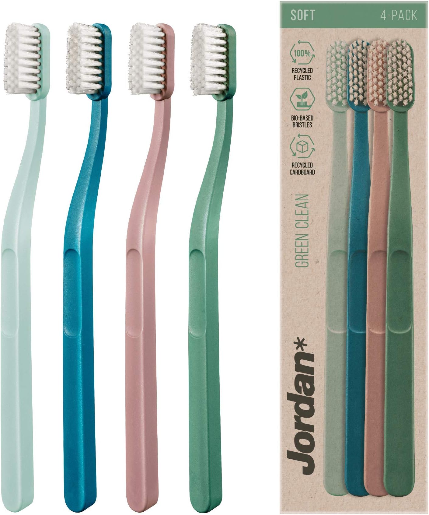 Jordan ® | Green Clean Manual Toothbrush | Award Winning Sustainable Toothbrush Made from Recycled Materials | Eco-Friendly | Scandinavian Design | Soft Bristles | Mixed Colour | Pack of 4