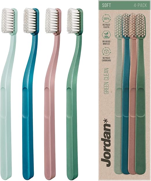 Jordan Green Clean Manual Toothbrush - Sustainable, Eco-Friendly Scandinavian Design, Soft Bristles, Mixed Colors, 4 Units