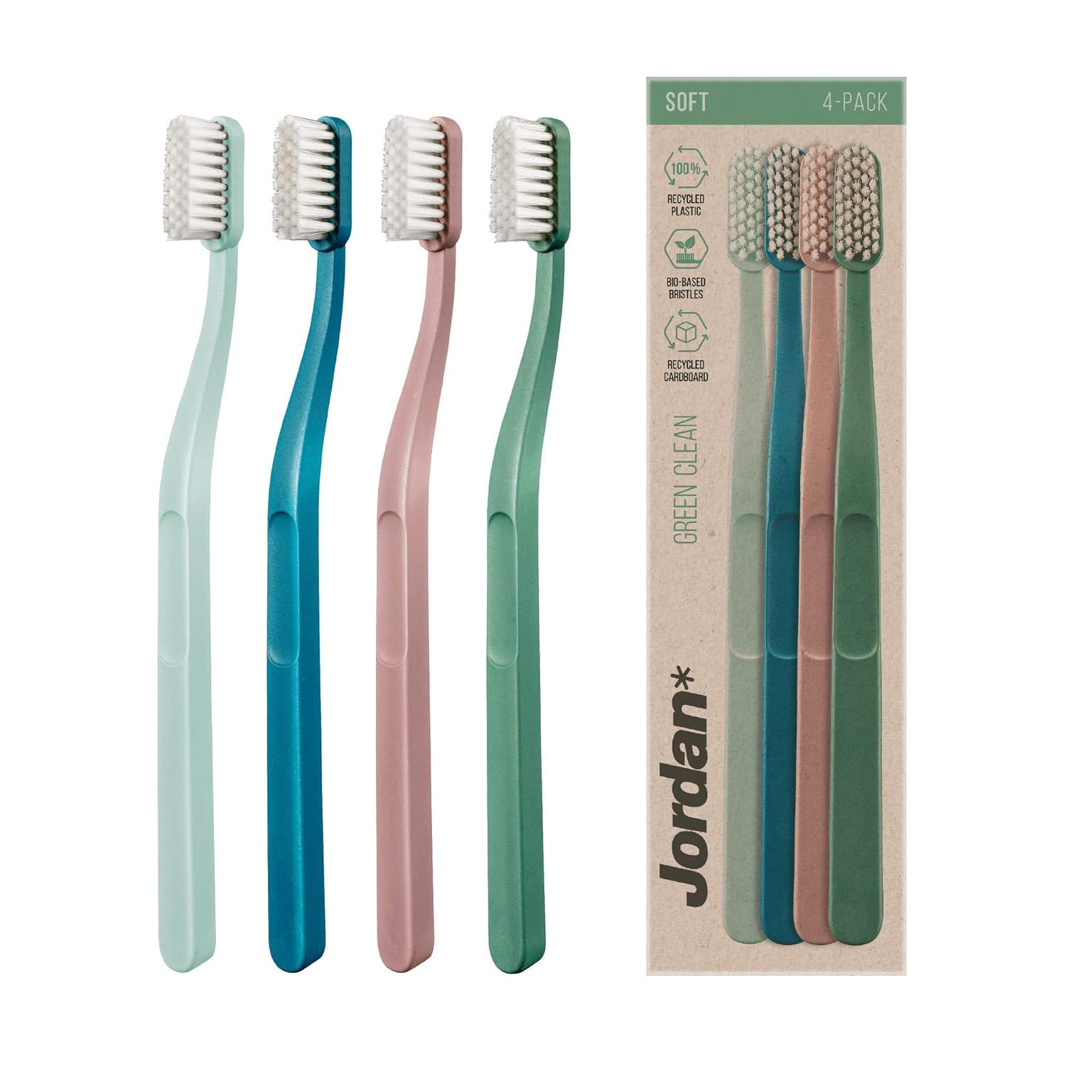 Jordan Green Clean Manual Toothbrush - Sustainable Scandinavian Design Soft Bristles Mixed Colors 4 Units