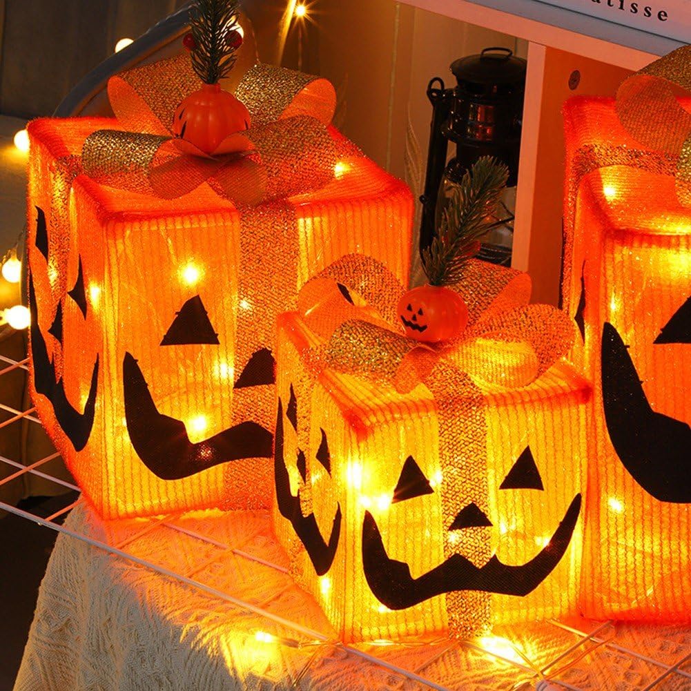 Confezione 3 Decorazioni Luminose a Forma di Zucca di Halloween, Scatola Regalo -o-Lantern con LED, Decorazioni di Halloween, per Casa, Il Giardino E Le Feste.