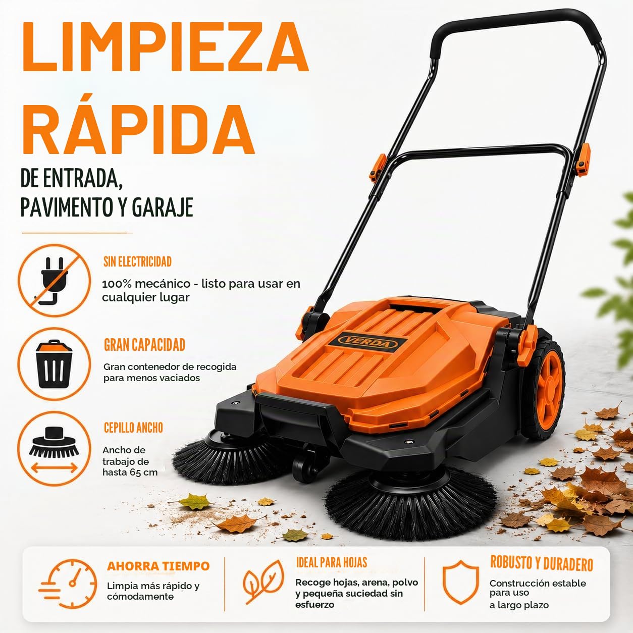 Verda Barredora manual, 2400 m²/h de potencia de barrido, 65 cm de ancho, depósito de 20 l, barredora manual, mango suave, barredora para adoquines, entrada, terraza y patio SN1301Z
