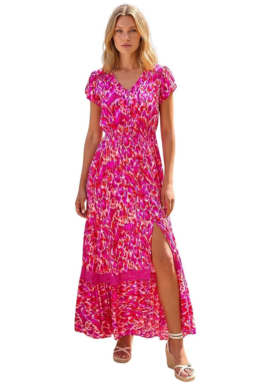 Roman Originals Women's Pink White Yellow Roman Shirred Empire Waist Dress For Uk Midi Maxi Summer Spring Tiered Frill Hem Short Sleeve V Neck Button Through Boho Bohemian Holiday Cruise