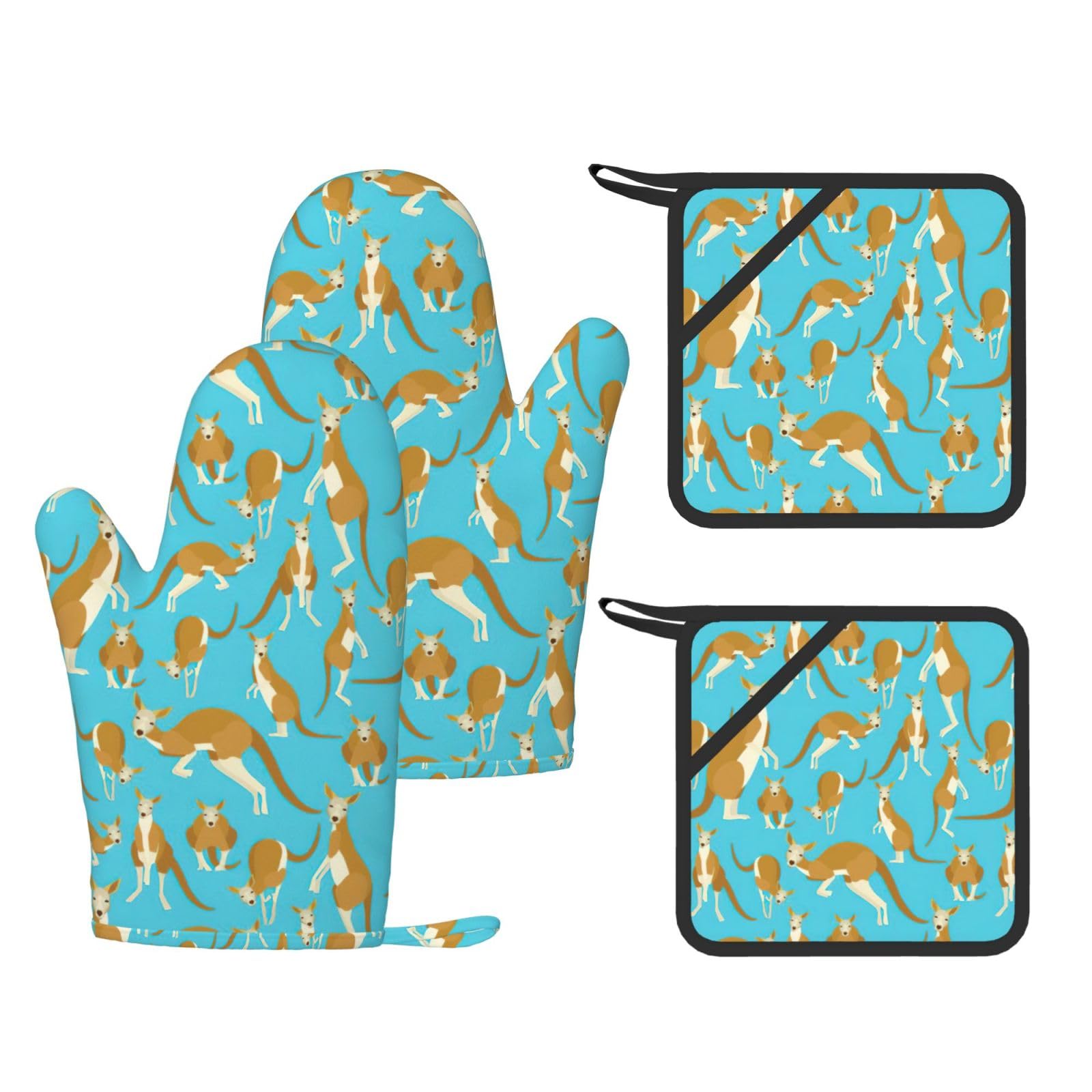 Funny Cartoon Kangaroo Zoo Printed Oven Mitts and Pot Holders Set of 4, Heat Resistant Silicone Gloves for Baking Grilling