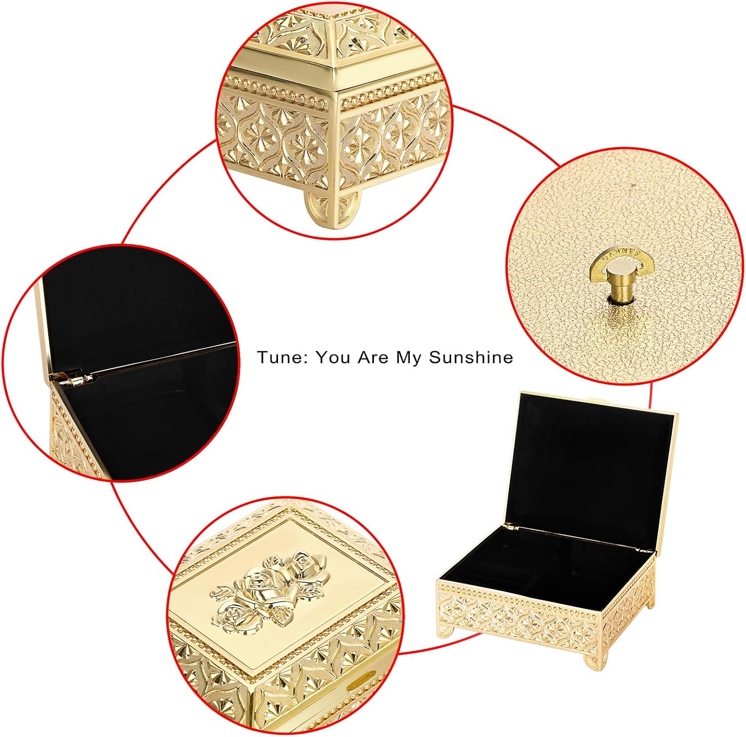 ELLDOO Vintage Music Box, Gold Metal Musical Jewelry Box Keepsake Box, Rose Pattern Small Trinket Jewelry Storage Box Gift for Girl Women (Tune: You are My Sunshine)