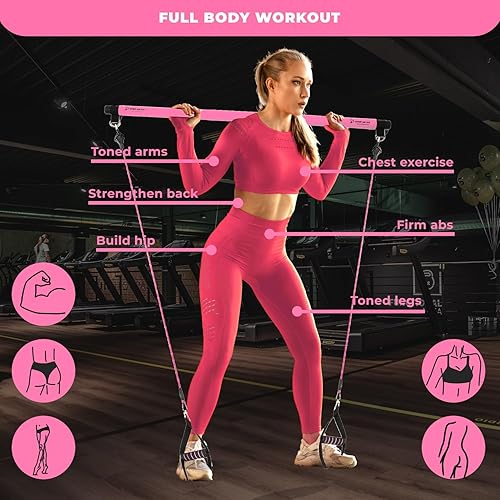 Miniatura 3 de Kit de barra de pilates con 6 bandas de resistencia ajustables y cuerda de saltar, barra de yoga y pilates de 3 secciones, bandas, cuerda de saltar,