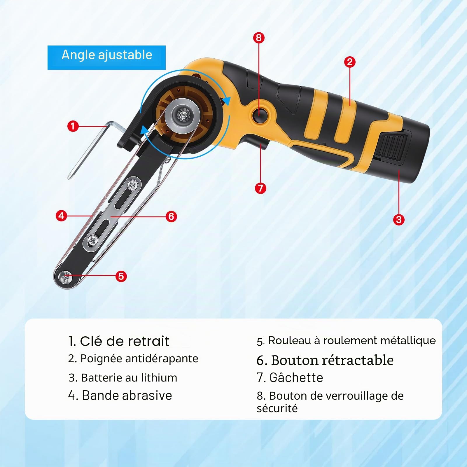 Weytoll Ponceuse à bande sans fil 16,8 V, 7 000 tr/min, mini ponceuse à bande avec 10 bandes abrasives en oxyde d'aluminium, 2 batteries de 1 500 mAh pour bois, métal et plastique