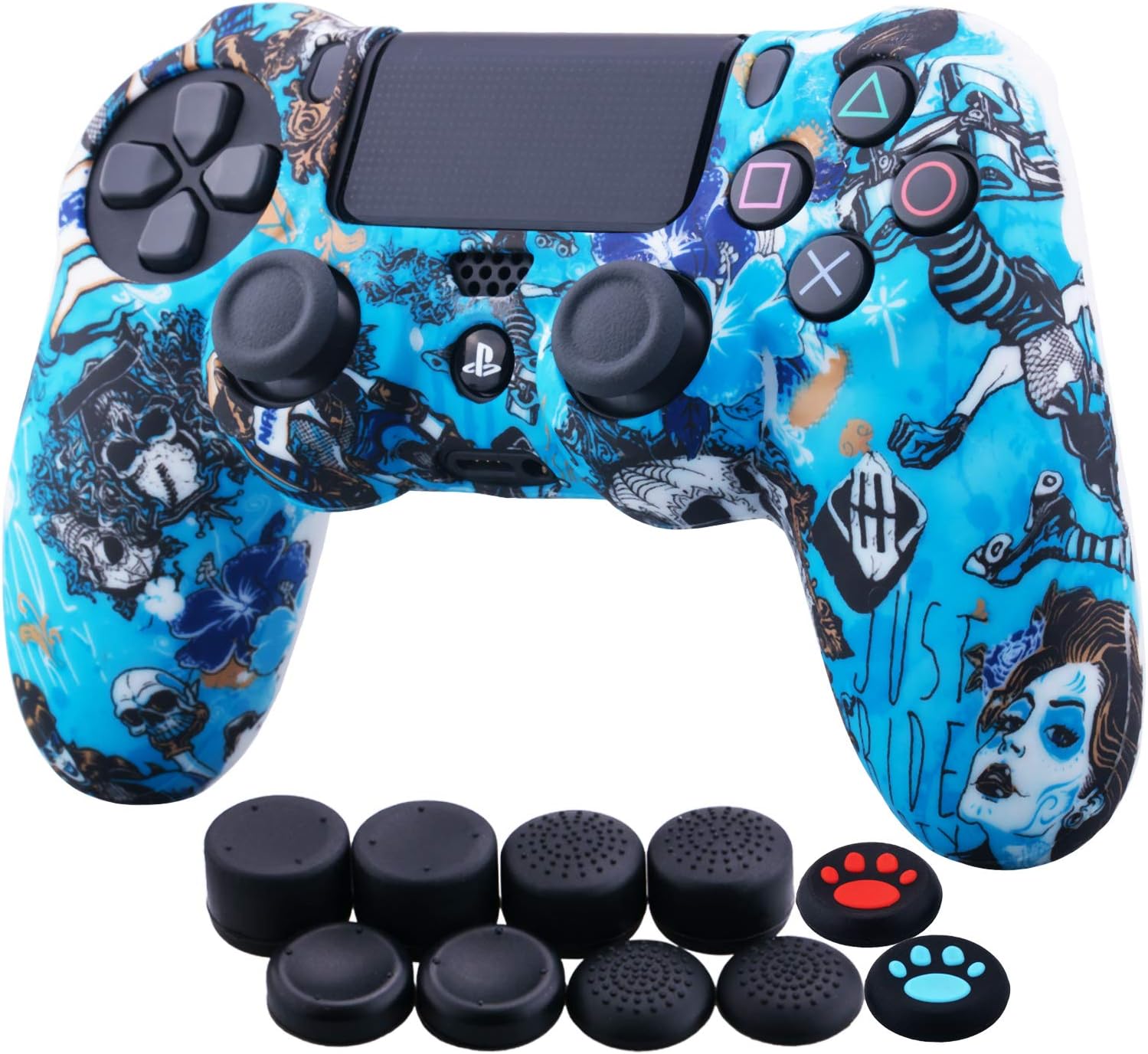 YoRHa Water Transfer Printing Camouflage Silicone Cover Skin Case for Sony PS4/slim/Pro Dualshock 4 Controller x 1(Witch) with Thumb Grips x 10