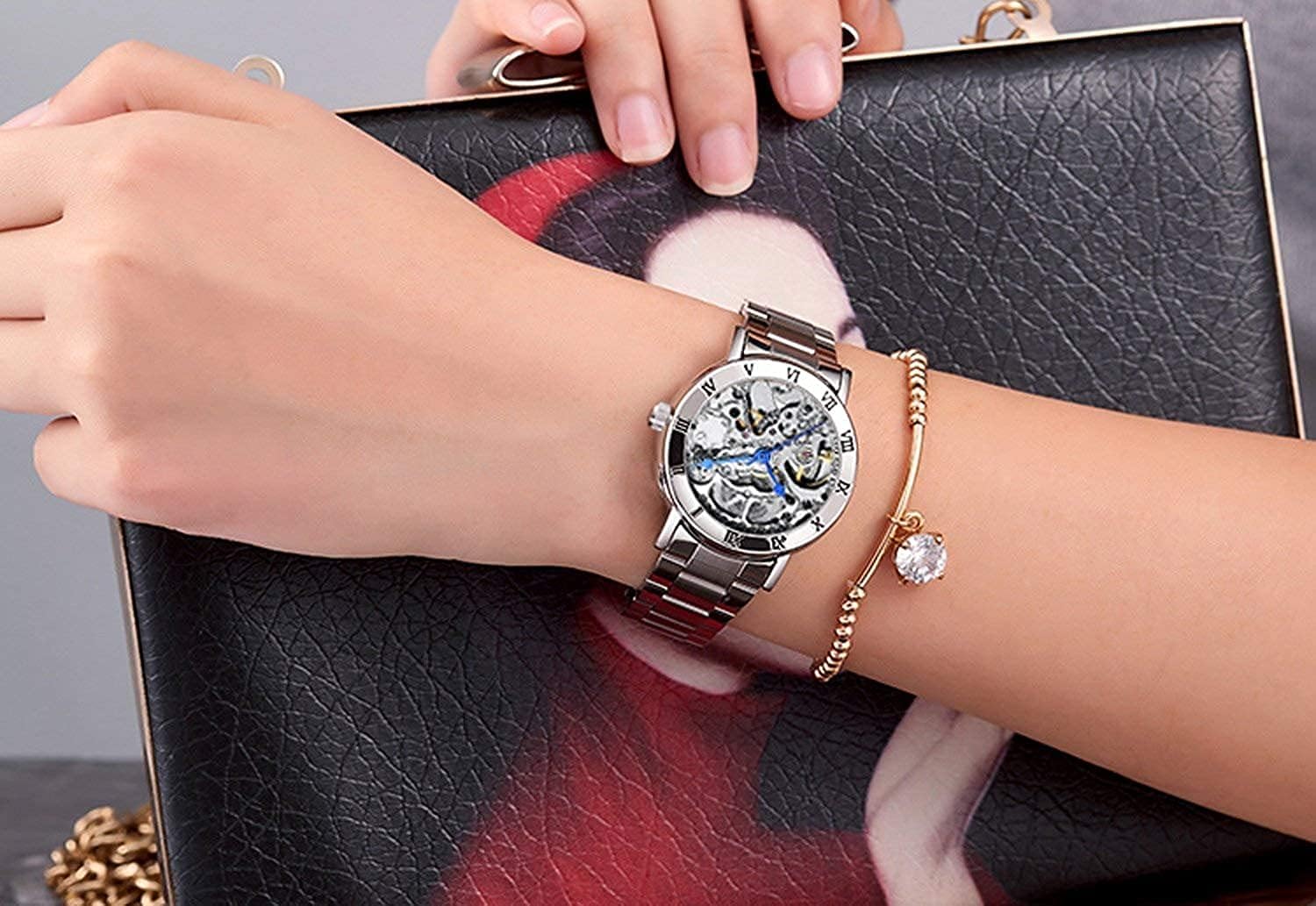 SENRUD Luxury Women's Automatic-self-Wind Watch Ladies Fashion Full Steel Band Skeleton Waterproof Mechanical Women Wrist Watch