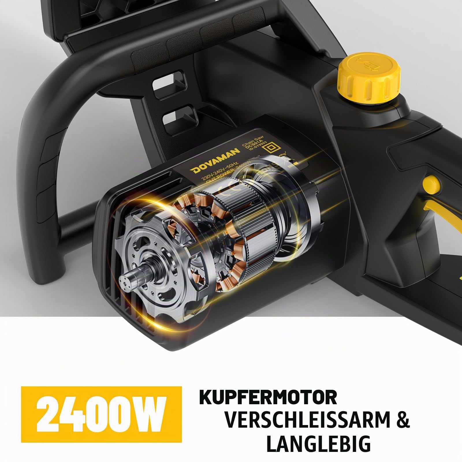 DOVAMAN 2400W Elektro Kettensäge, 40cm Oregon Schwert und Kette, werkzeuglose Kettenspannung, 15m/s, Rückschlagschutz, inkl. 2 Ketten, Kettensäge ideal für Brennholz, Garten und Baumschnitt - DCS01A