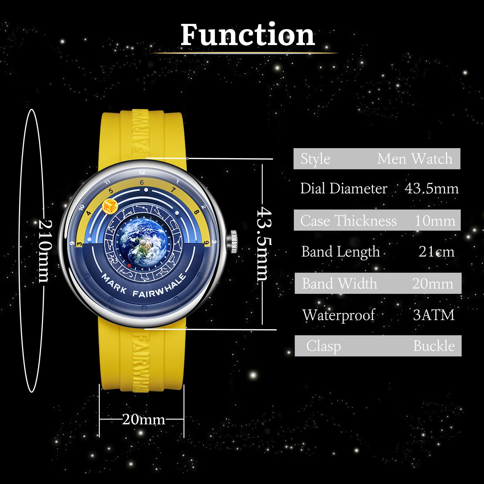 FORSINING Reloj de cuarzo de moda para hombre, diseño de luna, puntero especial, diseño de tierra, correa de silicona, resistente al agua, relojes casuales
